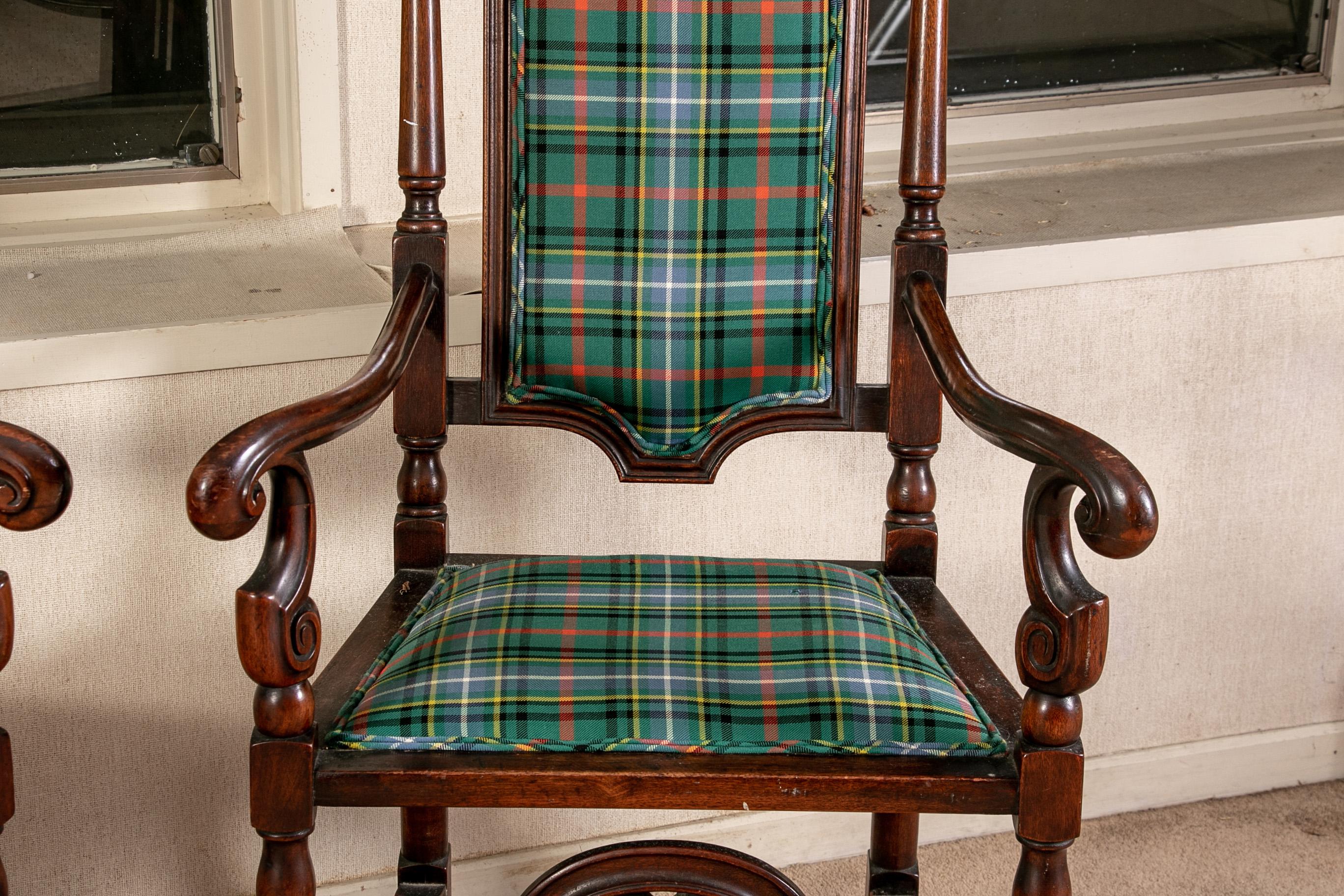 Pair of Antique English Carved Hall Chairs in a Tartan Plaid 4