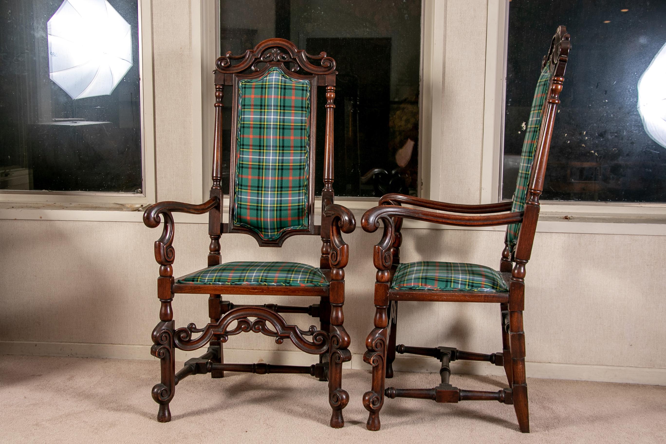 Pair of Antique English Carved Hall Chairs in a Tartan Plaid 5