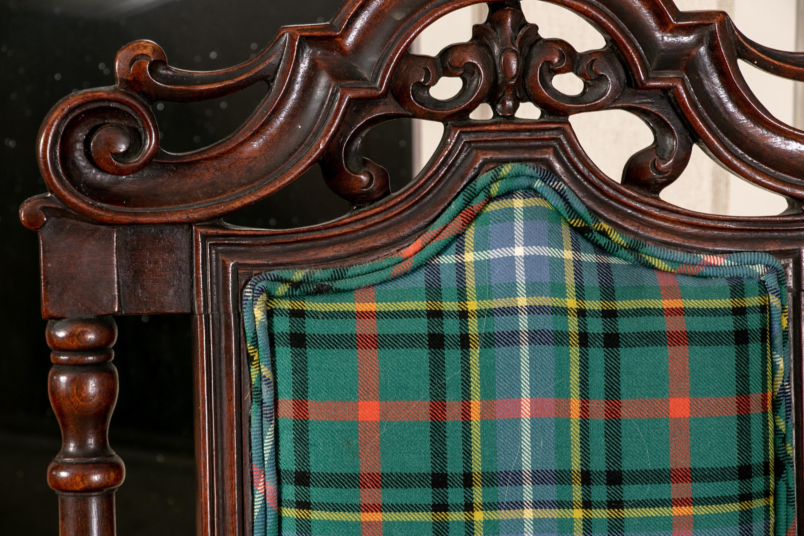 Pair of Antique English Carved Hall Chairs in a Tartan Plaid 7