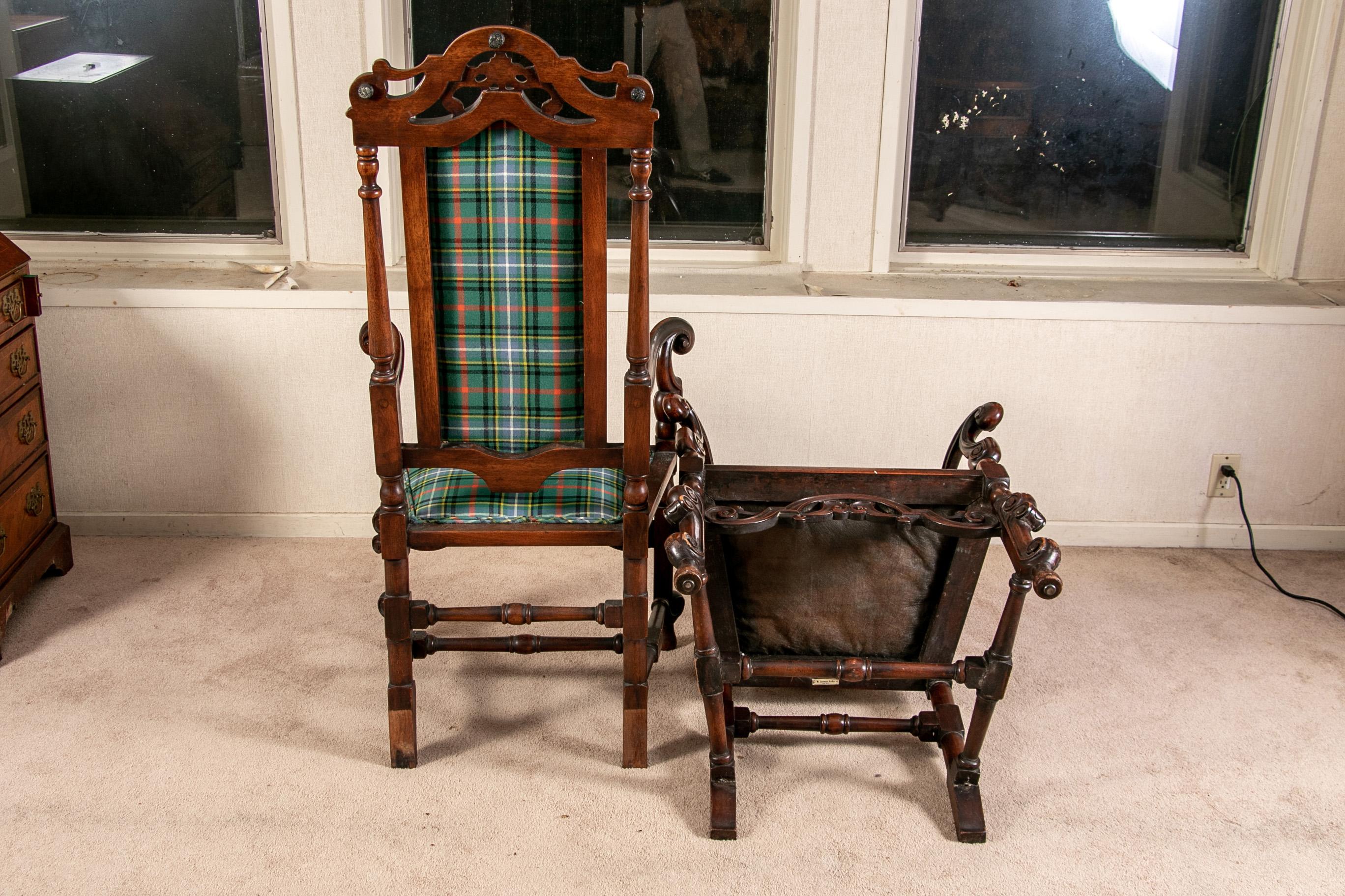 Pair of Antique English Carved Hall Chairs in a Tartan Plaid 8