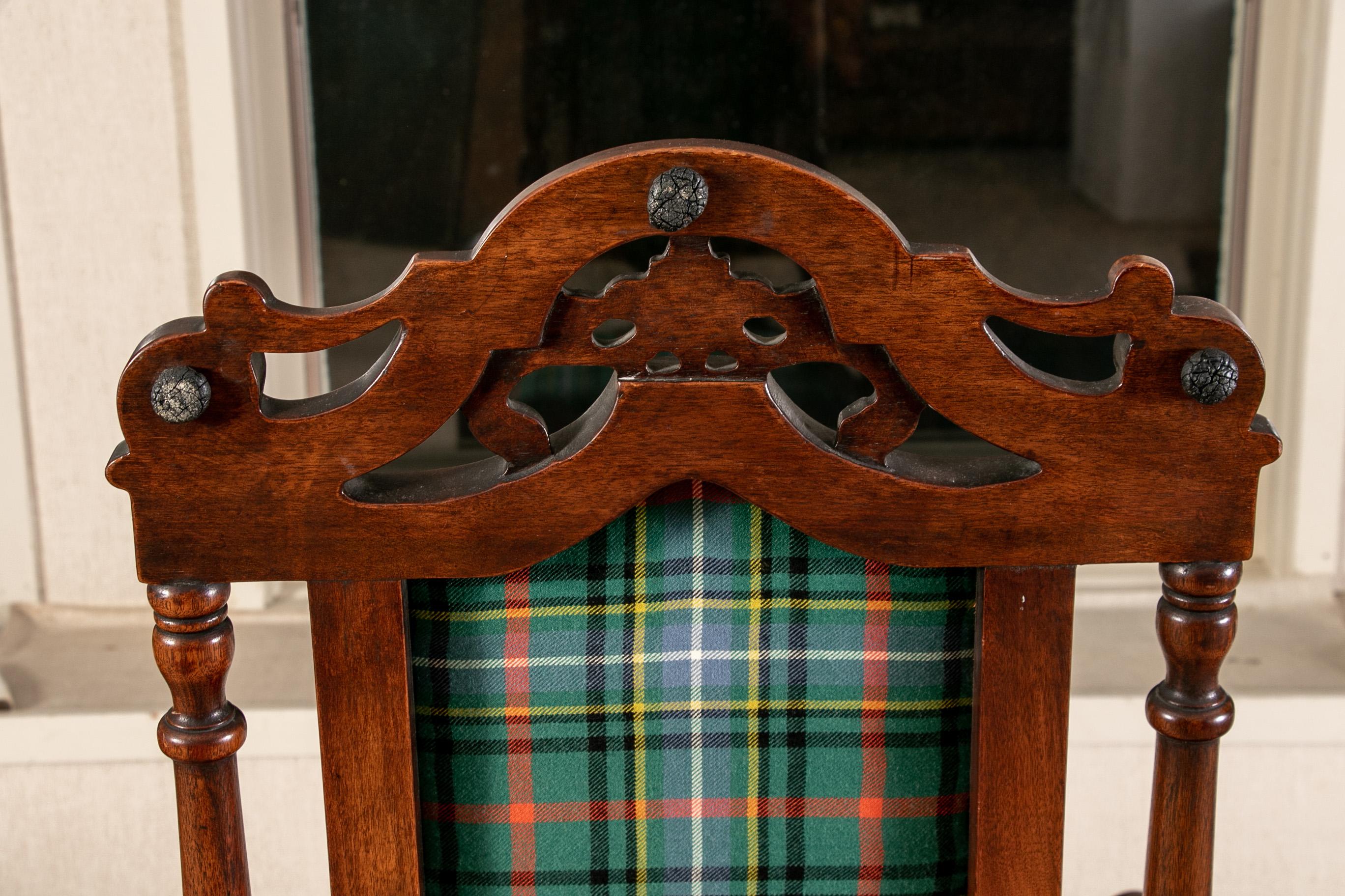 Pair of Antique English Carved Hall Chairs in a Tartan Plaid 12