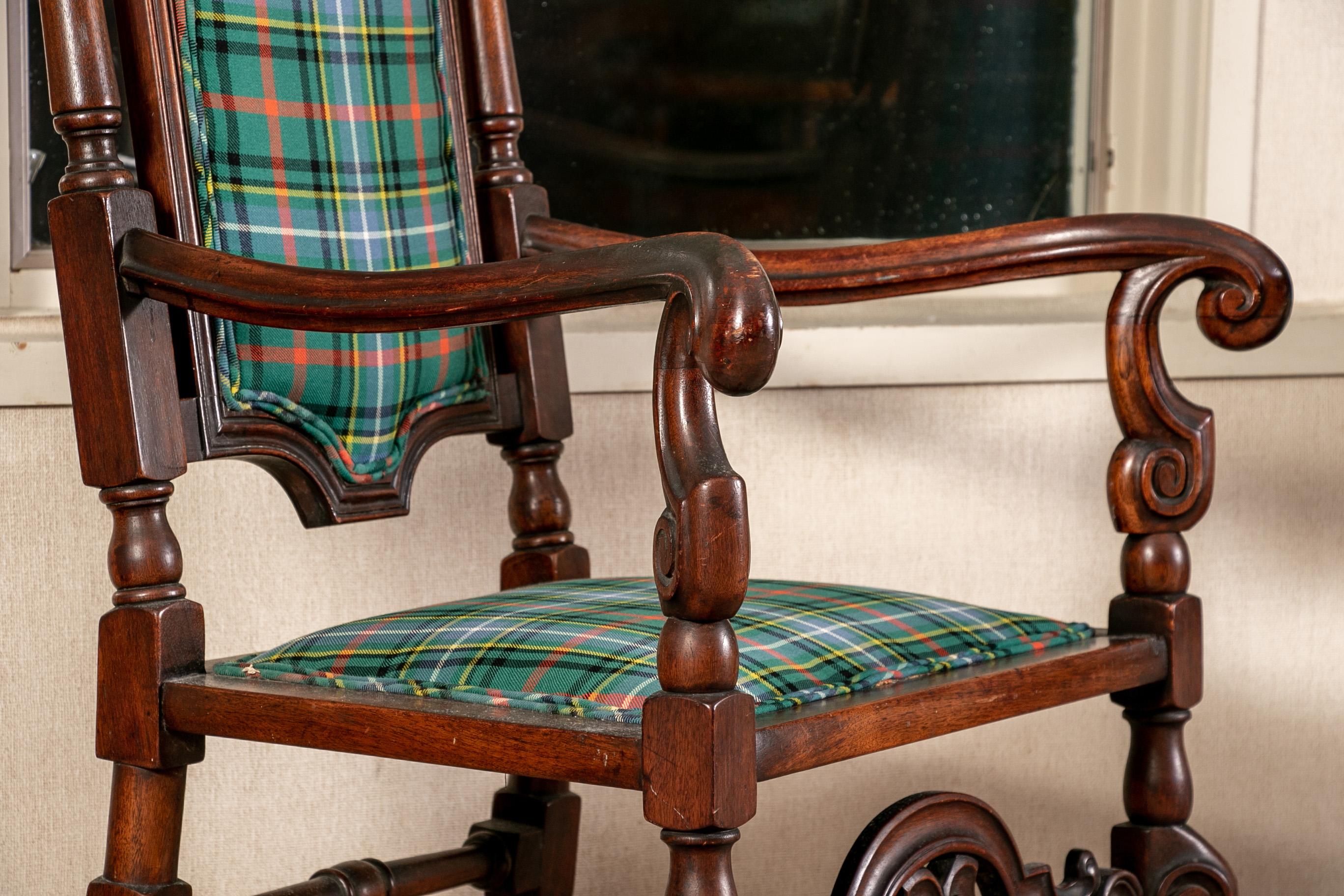 Rustic Pair of Antique English Carved Hall Chairs in a Tartan Plaid