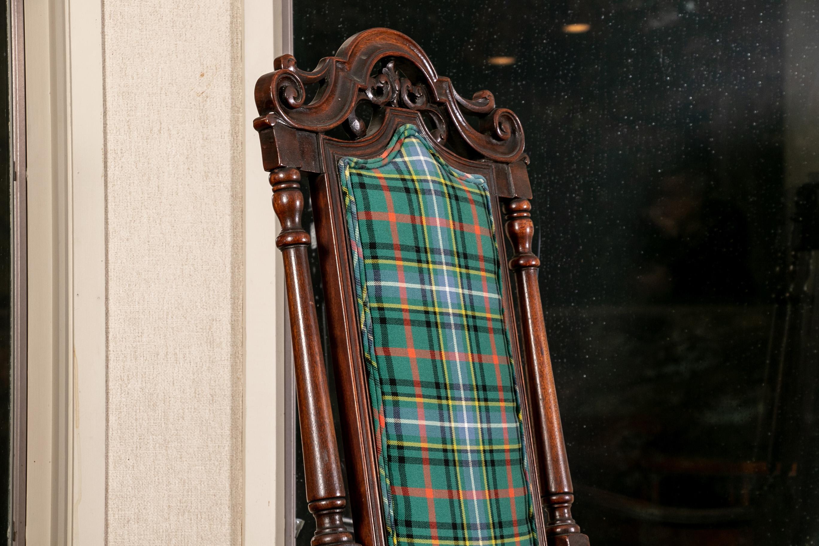 Pair of Antique English Carved Hall Chairs in a Tartan Plaid 1