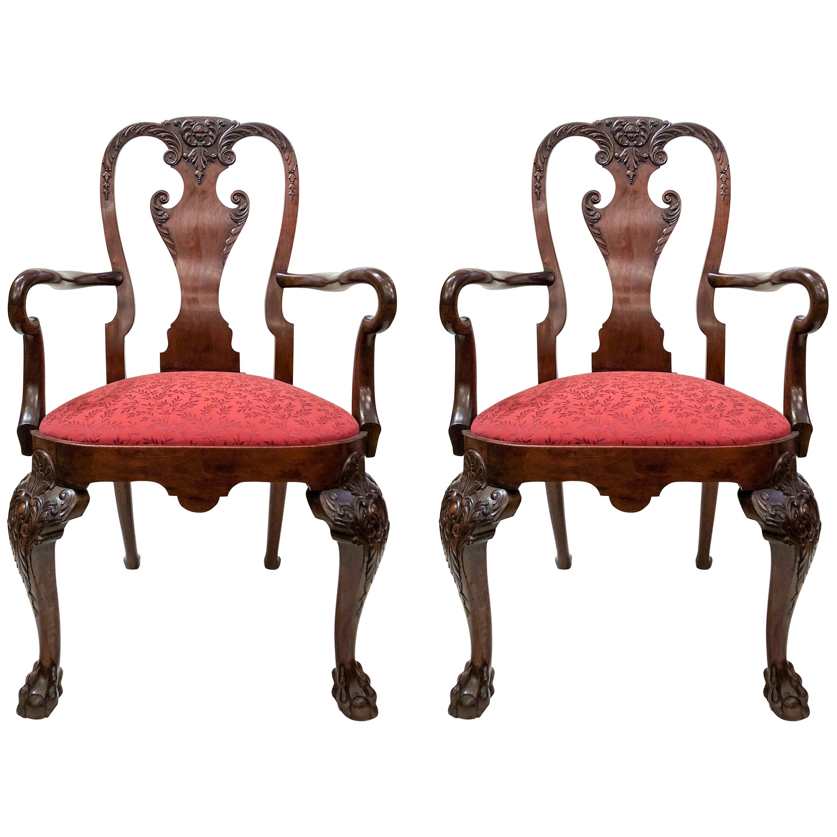 Pair of Antique English Carved Mahogany Armchairs