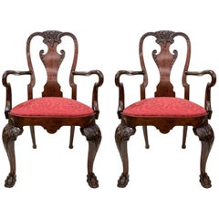 Pair of Antique English Carved Mahogany Armchairs