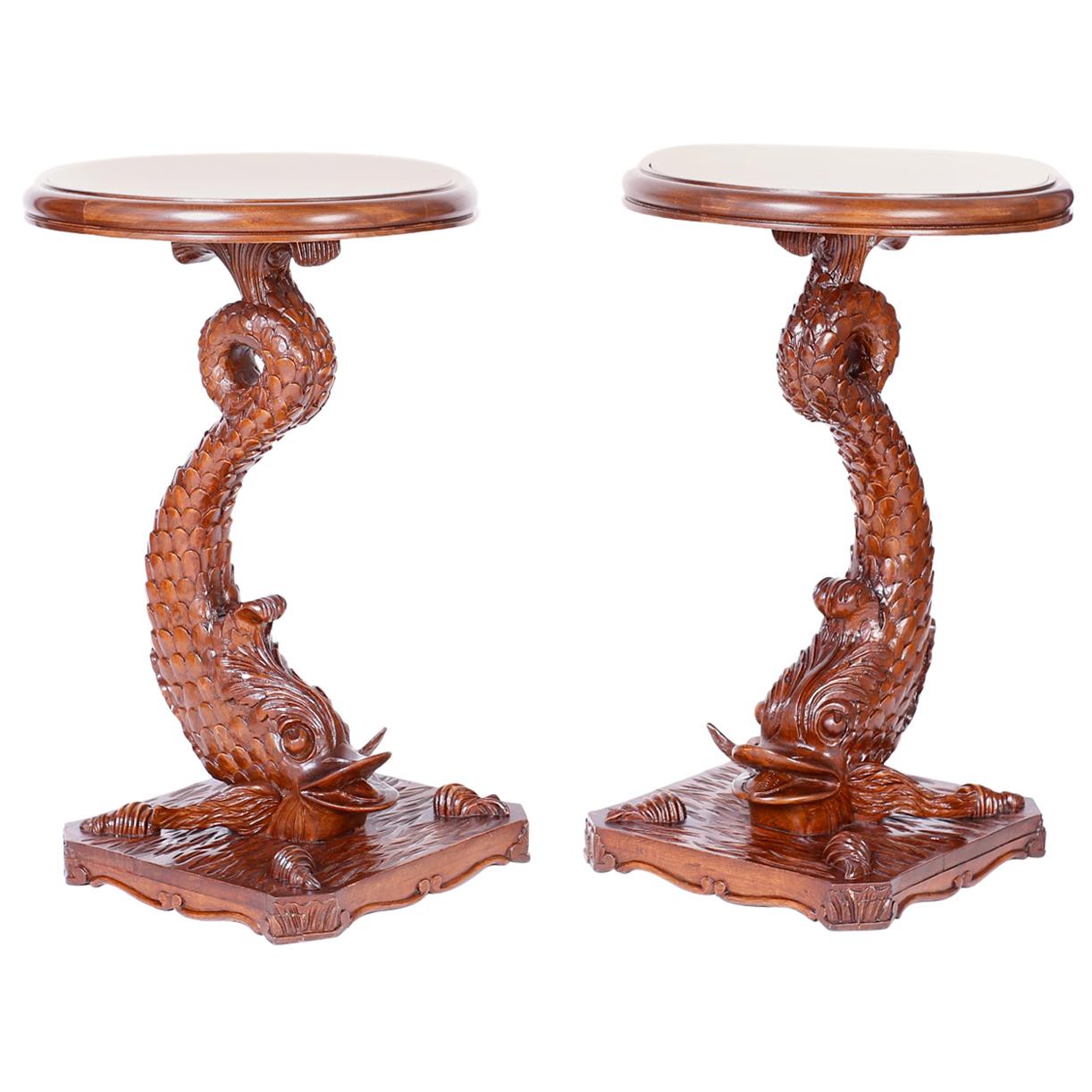 Pair of Antique English Carved Wood Dolphin Stands or Pedestals