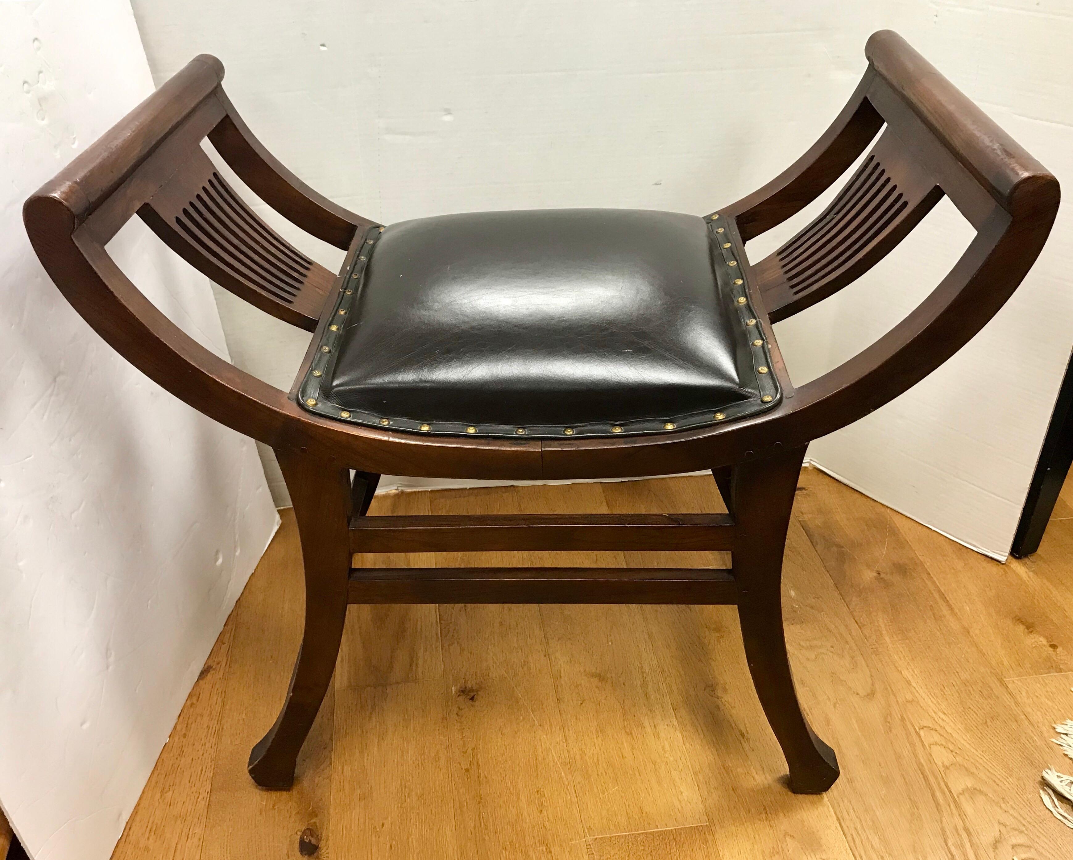 Pair of Antique English Curved Slatted Mahogany Black Leather Benches Stools 6