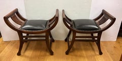 Pair of Antique English Curved Slatted Mahogany Black Leather Benches Stools