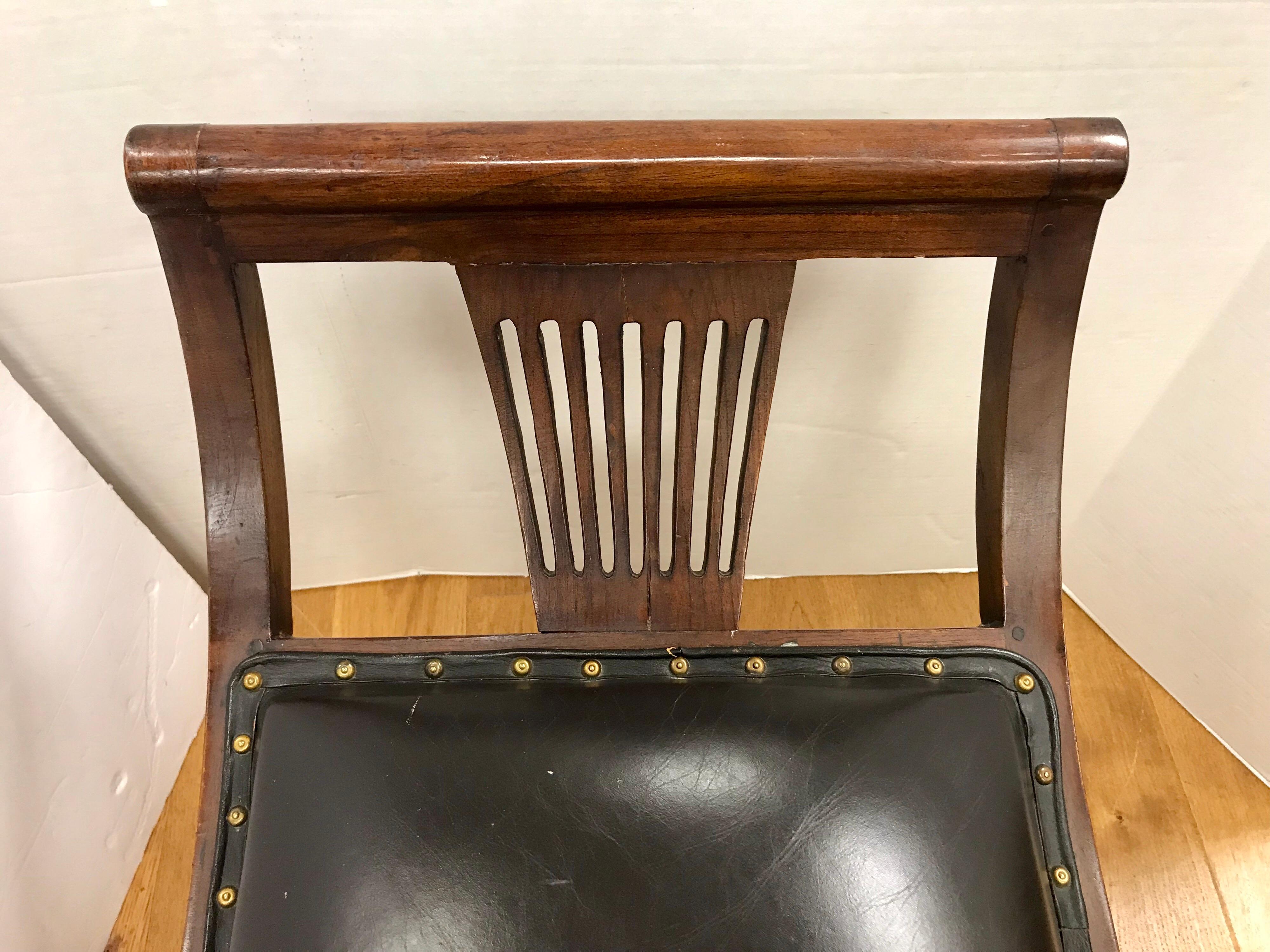 Pair of Antique English Curved Slatted Mahogany Black Leather Benches Stools 1