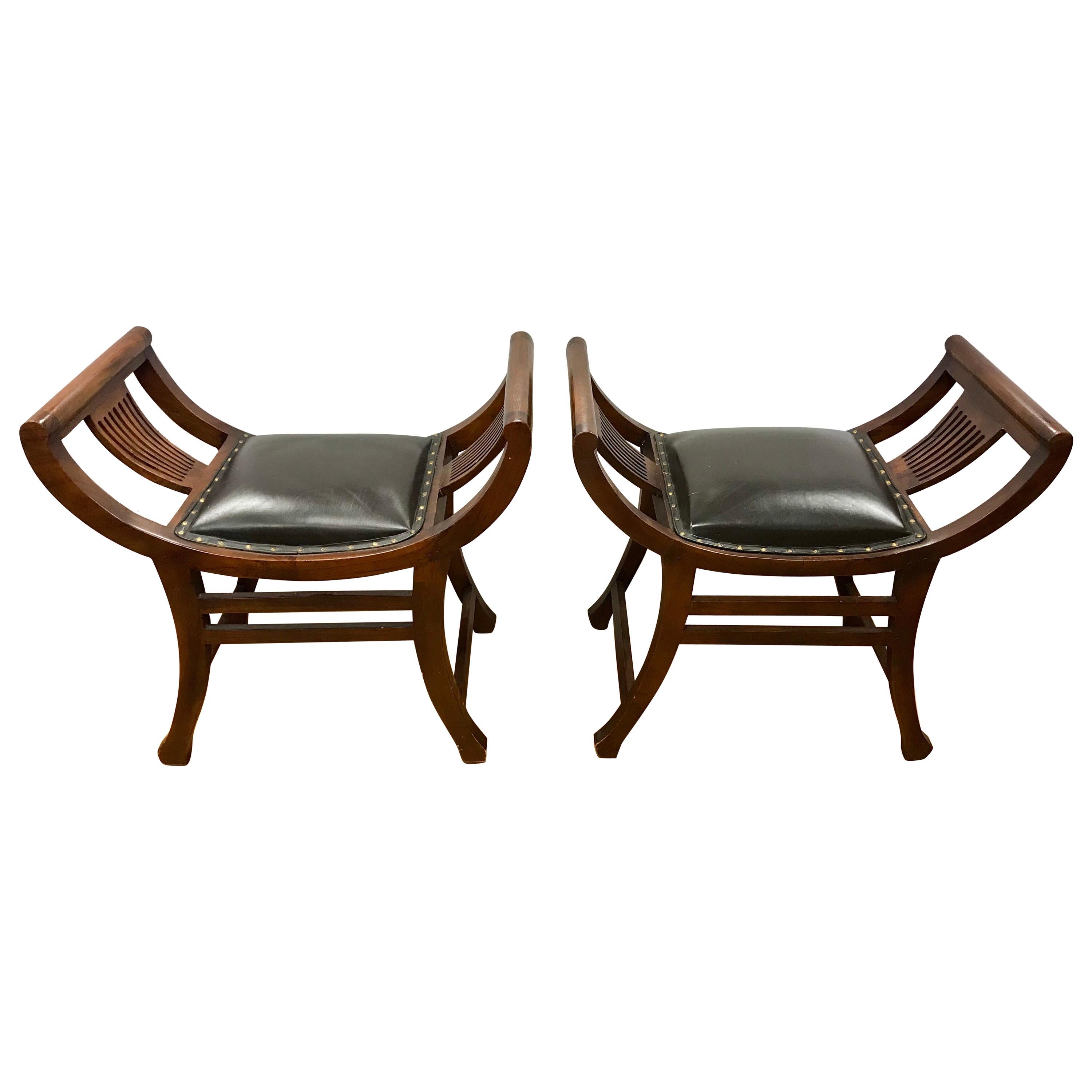 Pair of Antique English Curved Slatted Mahogany Black Leather Benches Stools