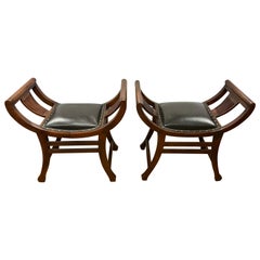 Pair of Antique English Curved Slatted Mahogany Black Leather Benches Stools