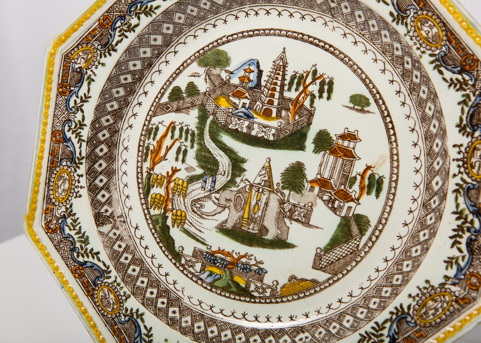 English  Pair Antique Plates Showing an Elephant in an Imaginary Asian Setting For Sale