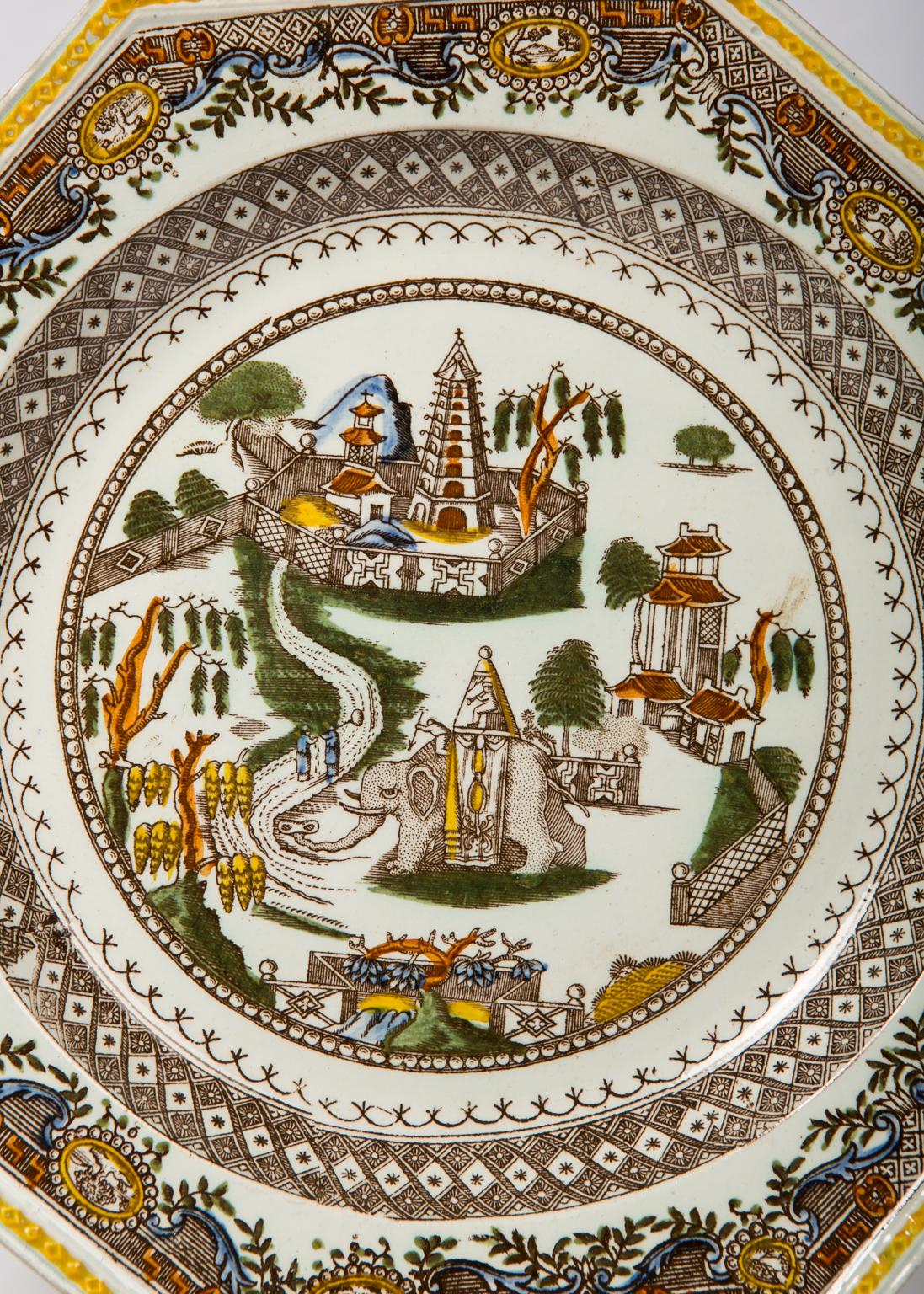 Glazed  Pair Antique Plates Showing an Elephant in an Imaginary Asian Setting For Sale