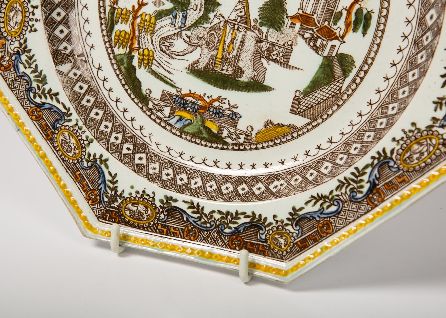 Pearlware  Pair Antique Plates Showing an Elephant in an Imaginary Asian Setting For Sale