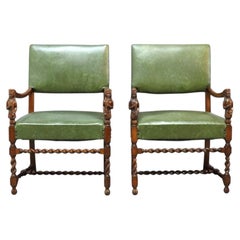 Pair Of Antique English Edwardian Figural Carved Walnut Armchairs c1910