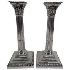 Pair of Antique English Edwardian Neoclassical Column Candlesticks