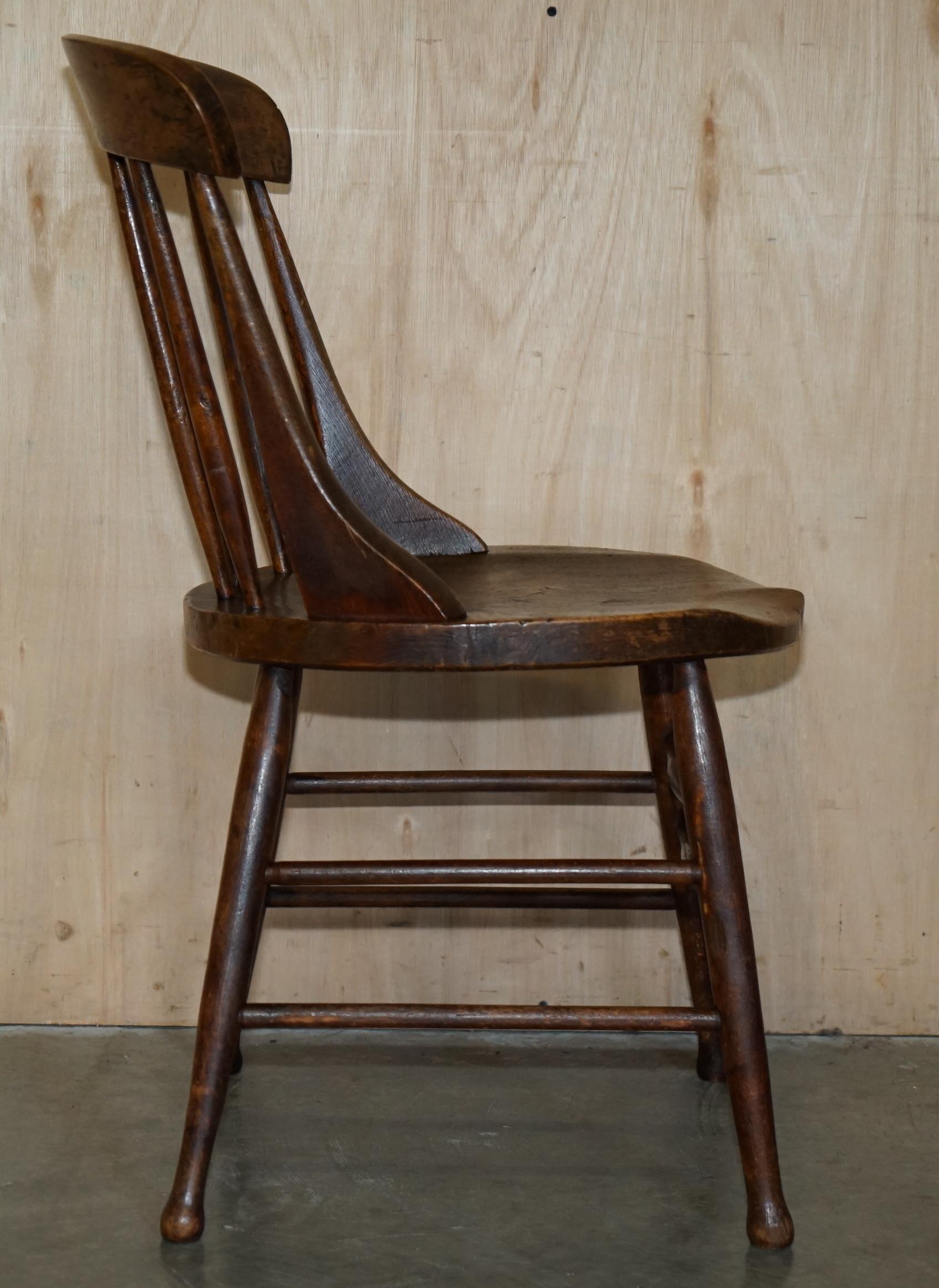 PAiR OF ANTIQUE ENGLISH ELM WINDSOR STICK BACK CHAIRS STAMPED LEA HALL INFANTRY For Sale 4