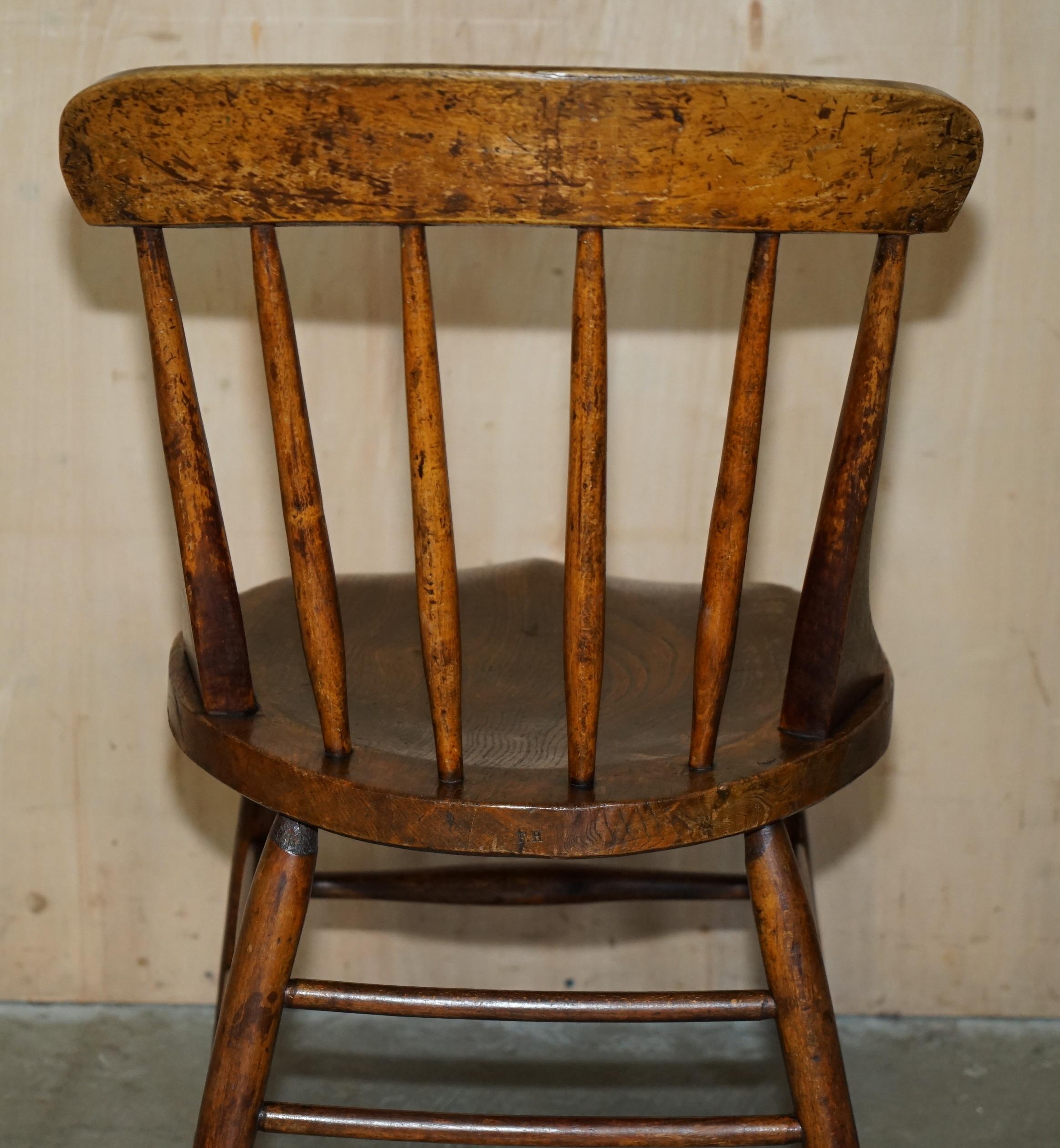 PAiR OF ANTIQUE ENGLISH ELM WINDSOR STICK BACK CHAIRS STAMPED LEA HALL INFANTRY For Sale 6