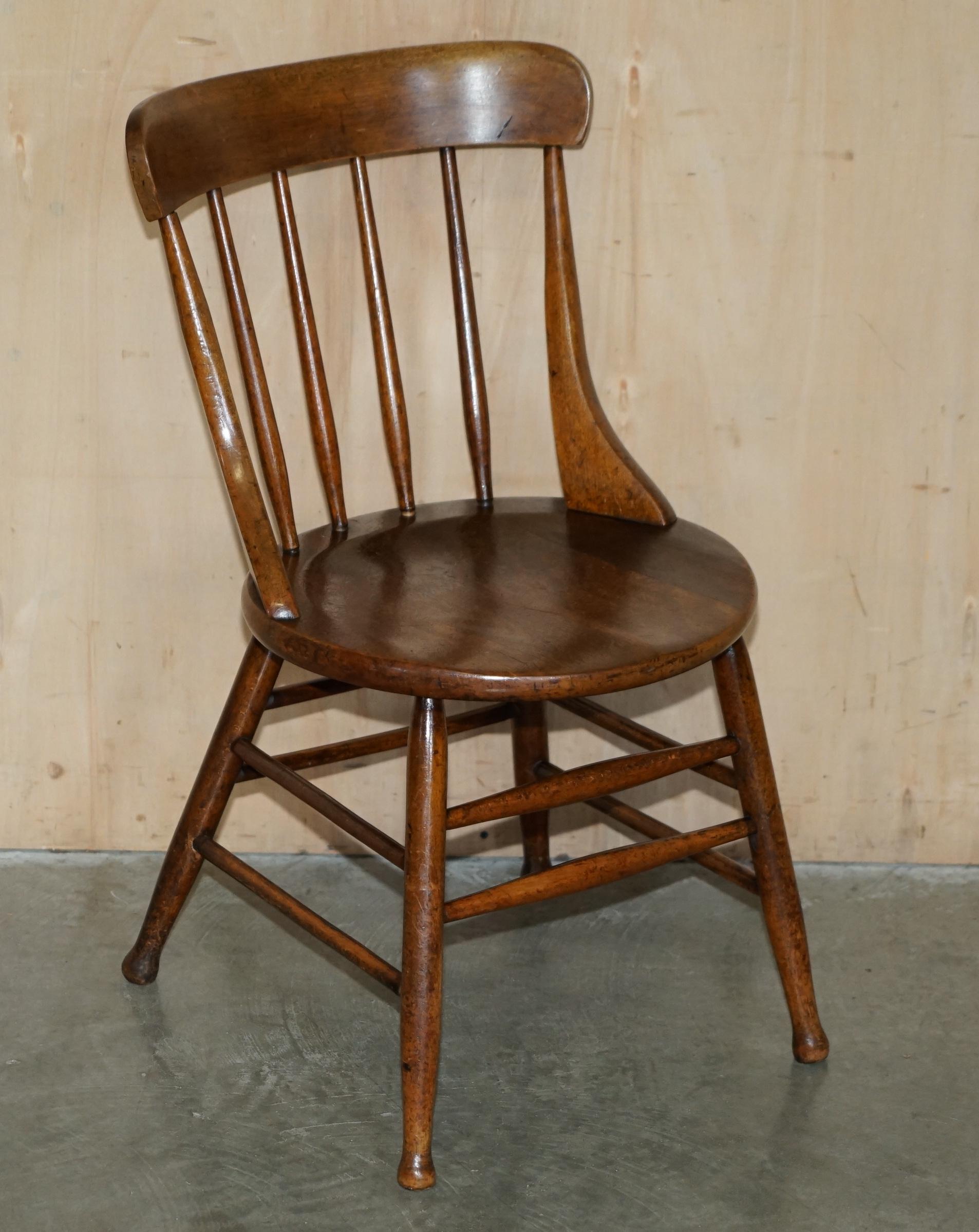 PAiR OF ANTIQUE ENGLISH ELM WINDSOR STICK BACK CHAIRS STAMPED LEA HALL INFANTRY For Sale 9