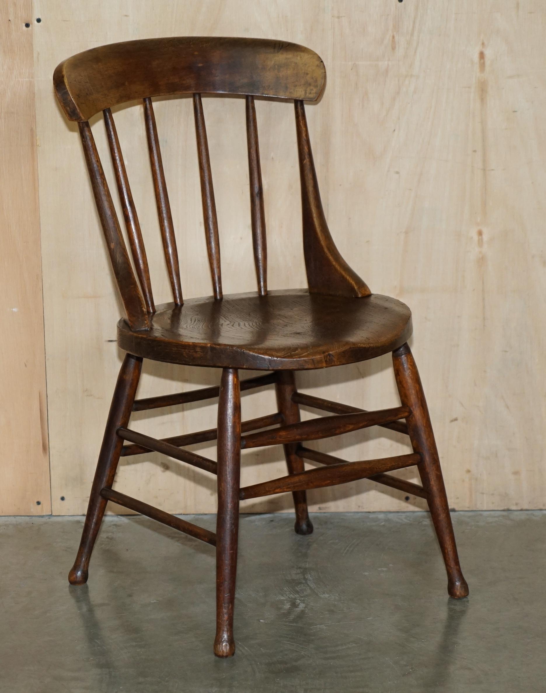 English PAiR OF ANTIQUE ENGLISH ELM WINDSOR STICK BACK CHAIRS STAMPED LEA HALL INFANTRY For Sale