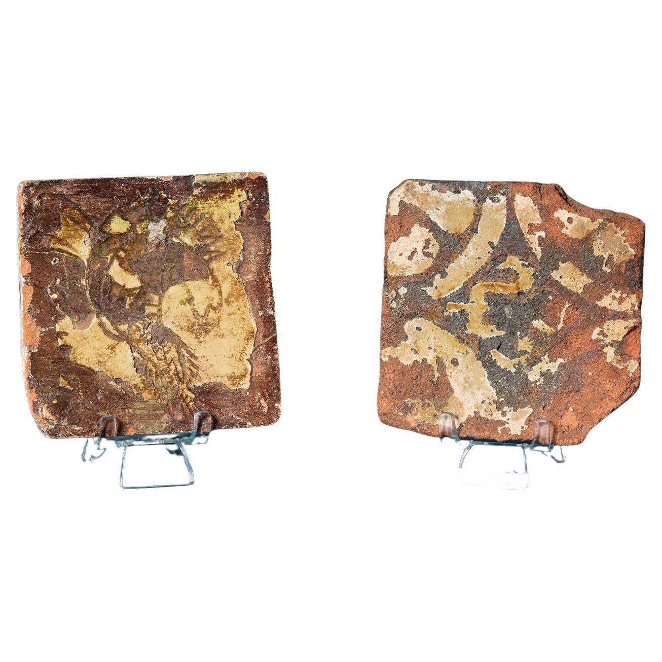Pair of Antique English Encaustic Medieval Tiles c.1400