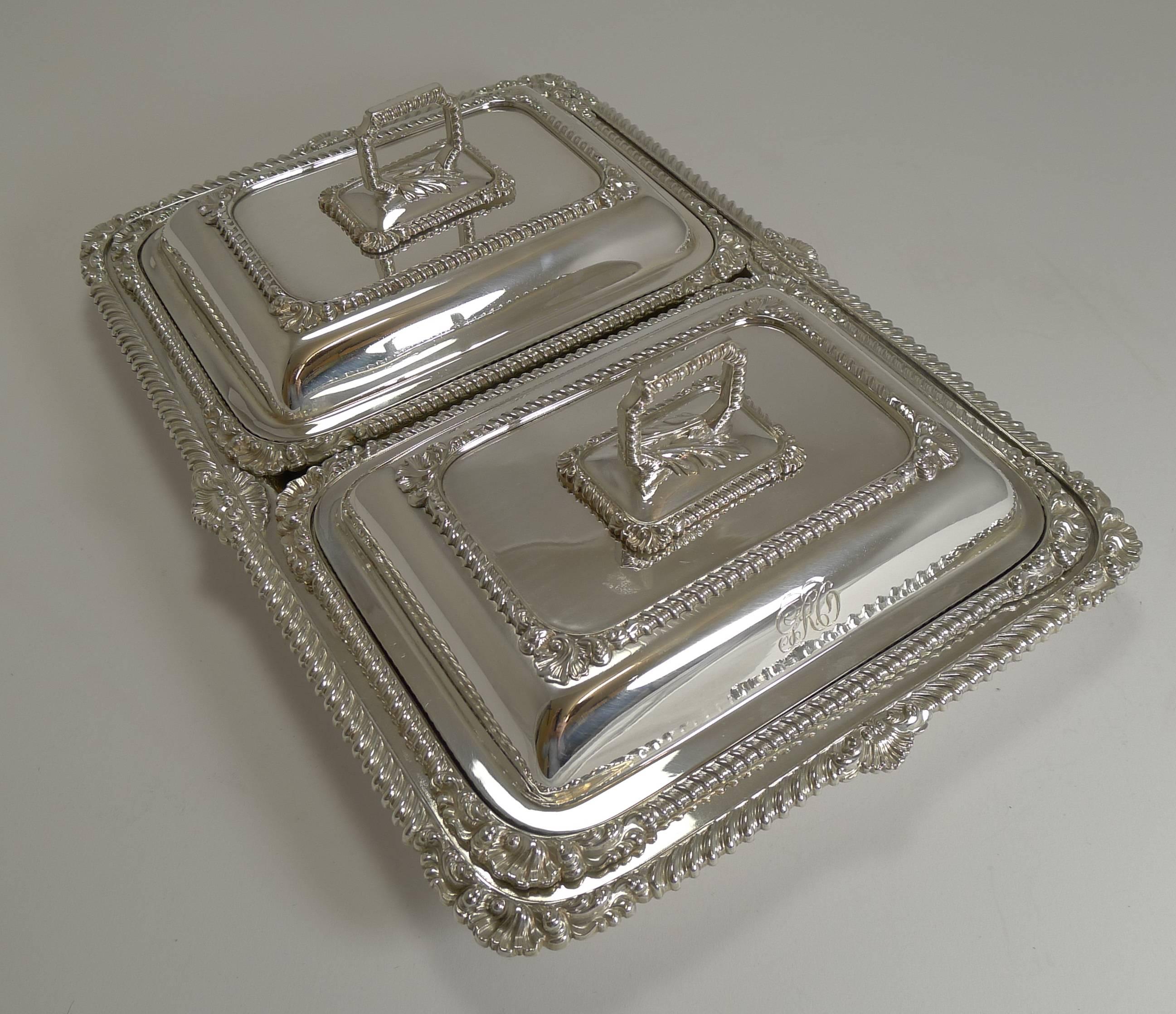 Late Victorian Pair of Antique English Entree Dishes in Tray by James Dixon, circa 1890-1900