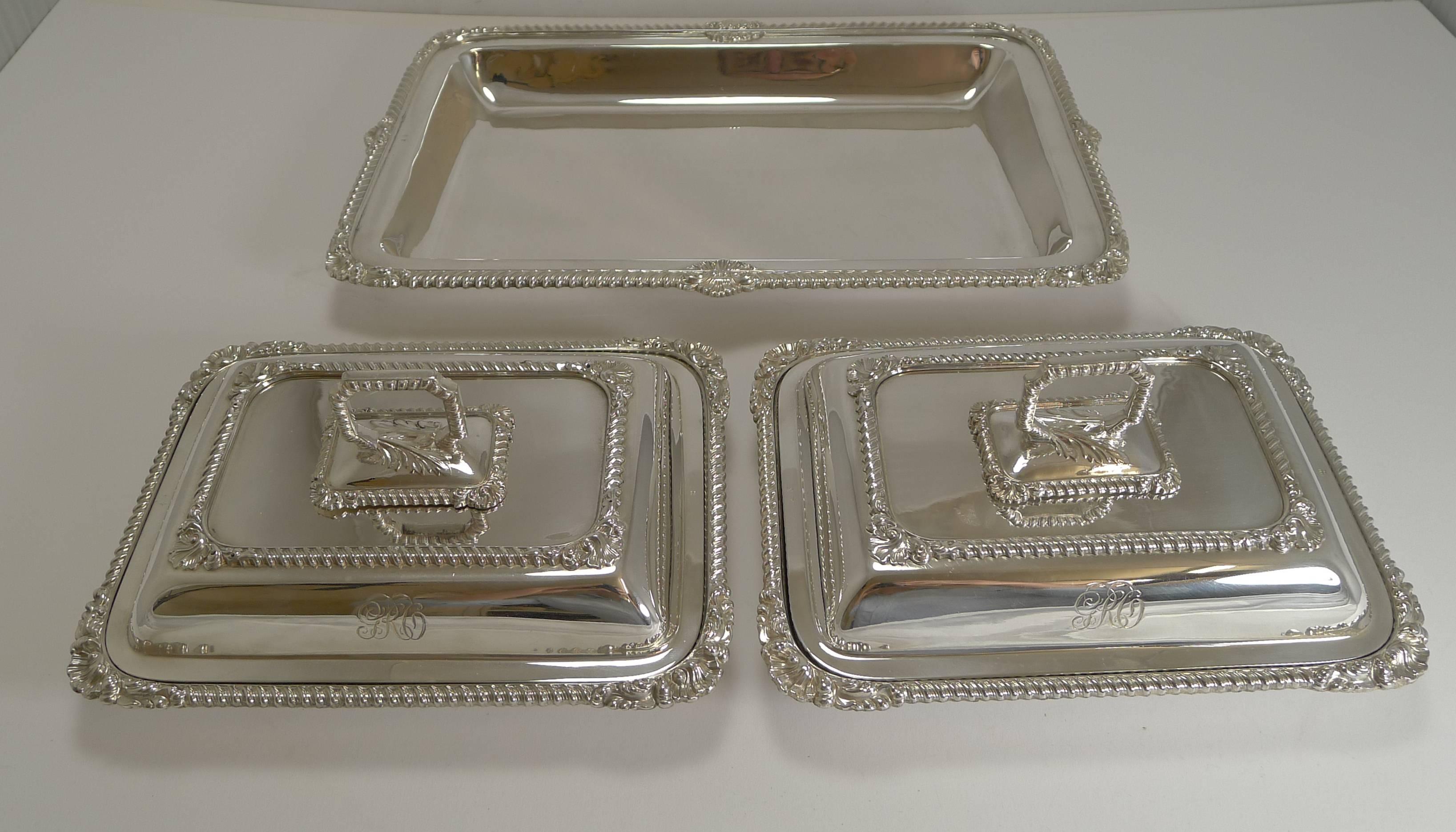 Plated Pair of Antique English Entree Dishes in Tray by James Dixon, circa 1890-1900