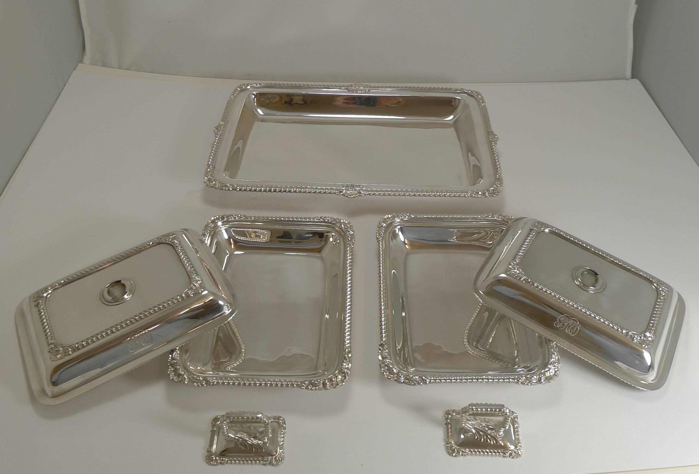 Late 19th Century Pair of Antique English Entree Dishes in Tray by James Dixon, circa 1890-1900