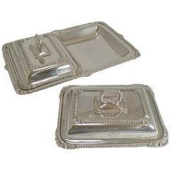 Pair of Antique English Entree Dishes in Tray by James Dixon, circa 1890-1900