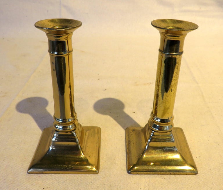 Pair of Antique English Federal Period Brass PushUp Candlesticks For