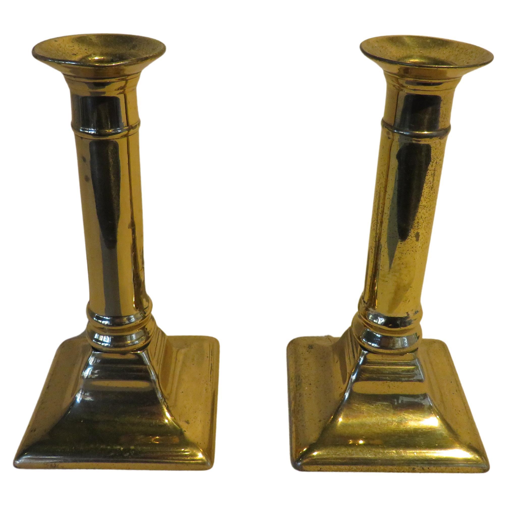 Pair of Antique English Federal Period Brass Push-Up Candlesticks