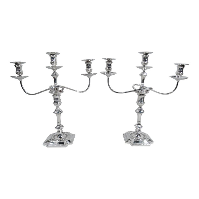 Pair of Antique English Georgian Sterling Silver 3-Light Candelabra For Sale