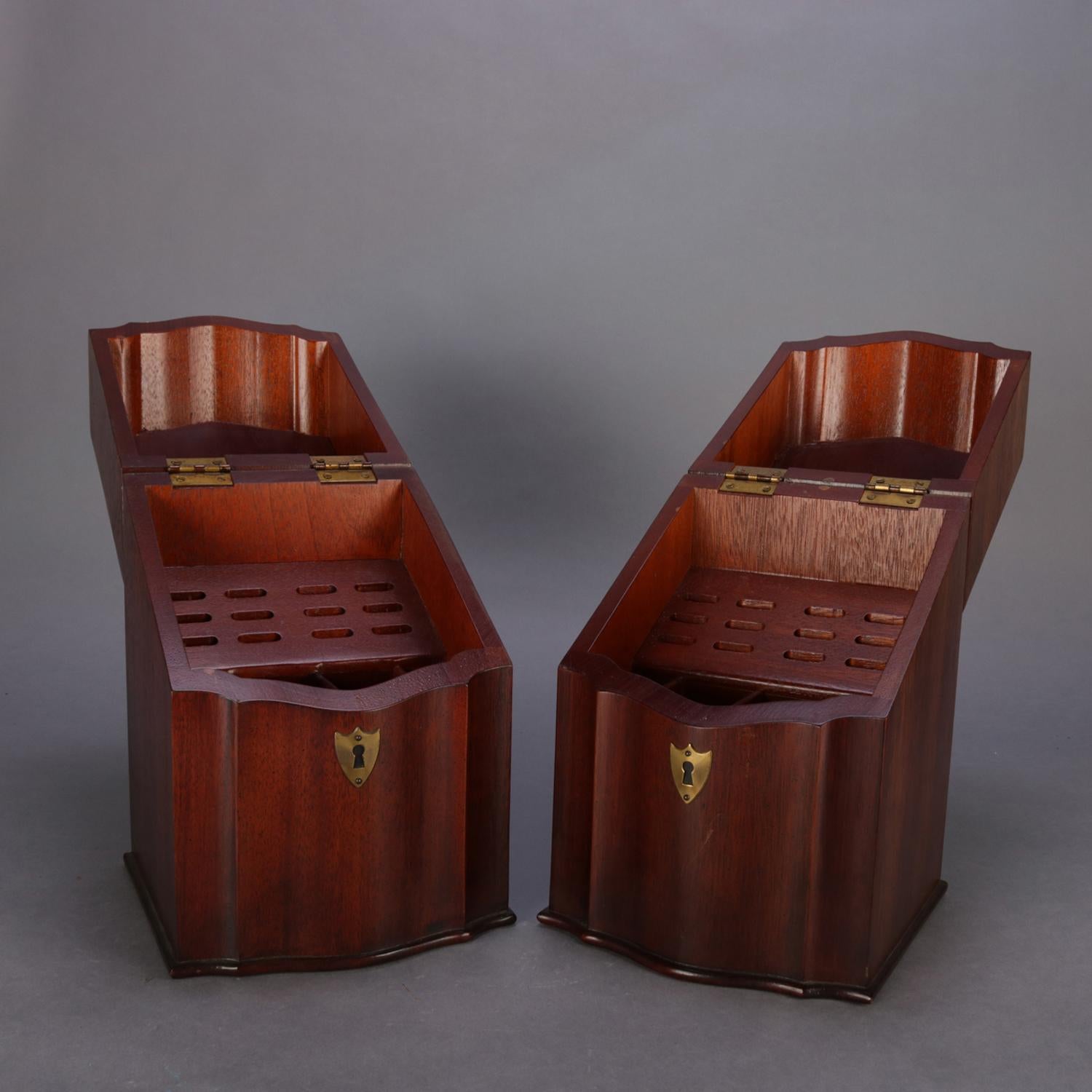 Cast Pair of Antique English Georgian Style Inlaid Mahogany and Bronze Knife Boxes