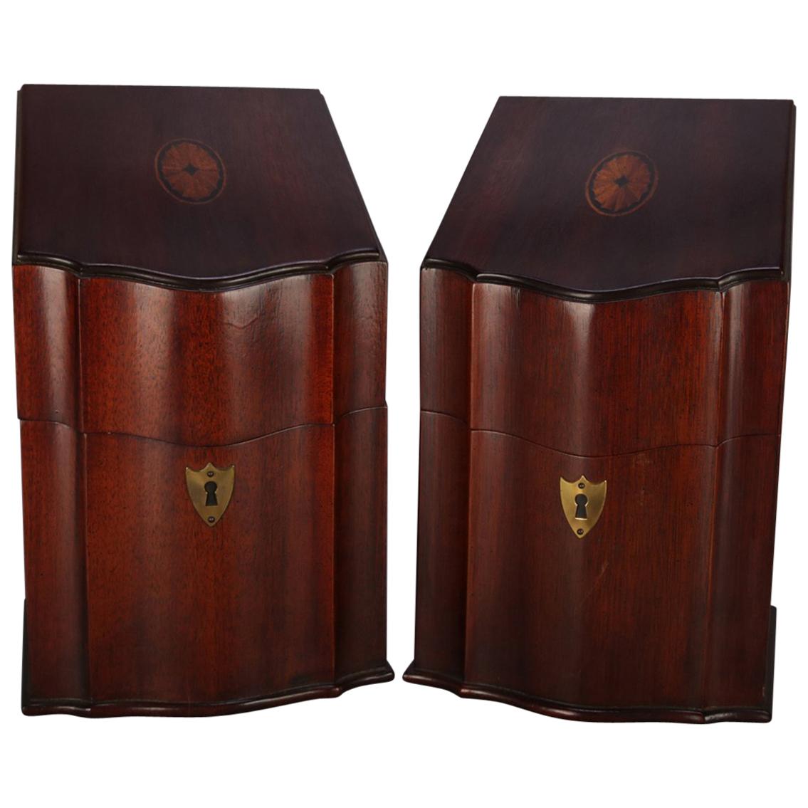 Pair of Antique English Georgian Style Inlaid Mahogany and Bronze Knife Boxes