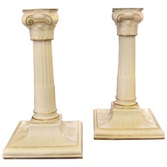 Pair of Antique English Gilt Porcelain Neoclassic Candlesticks