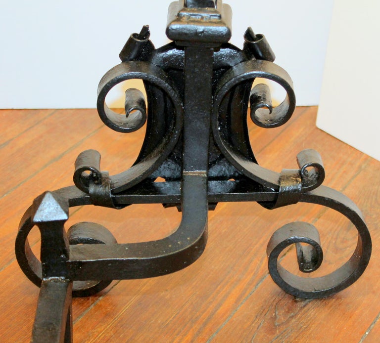 Pair of Antique English Hand Wrought Iron and Cast Brass Monumental