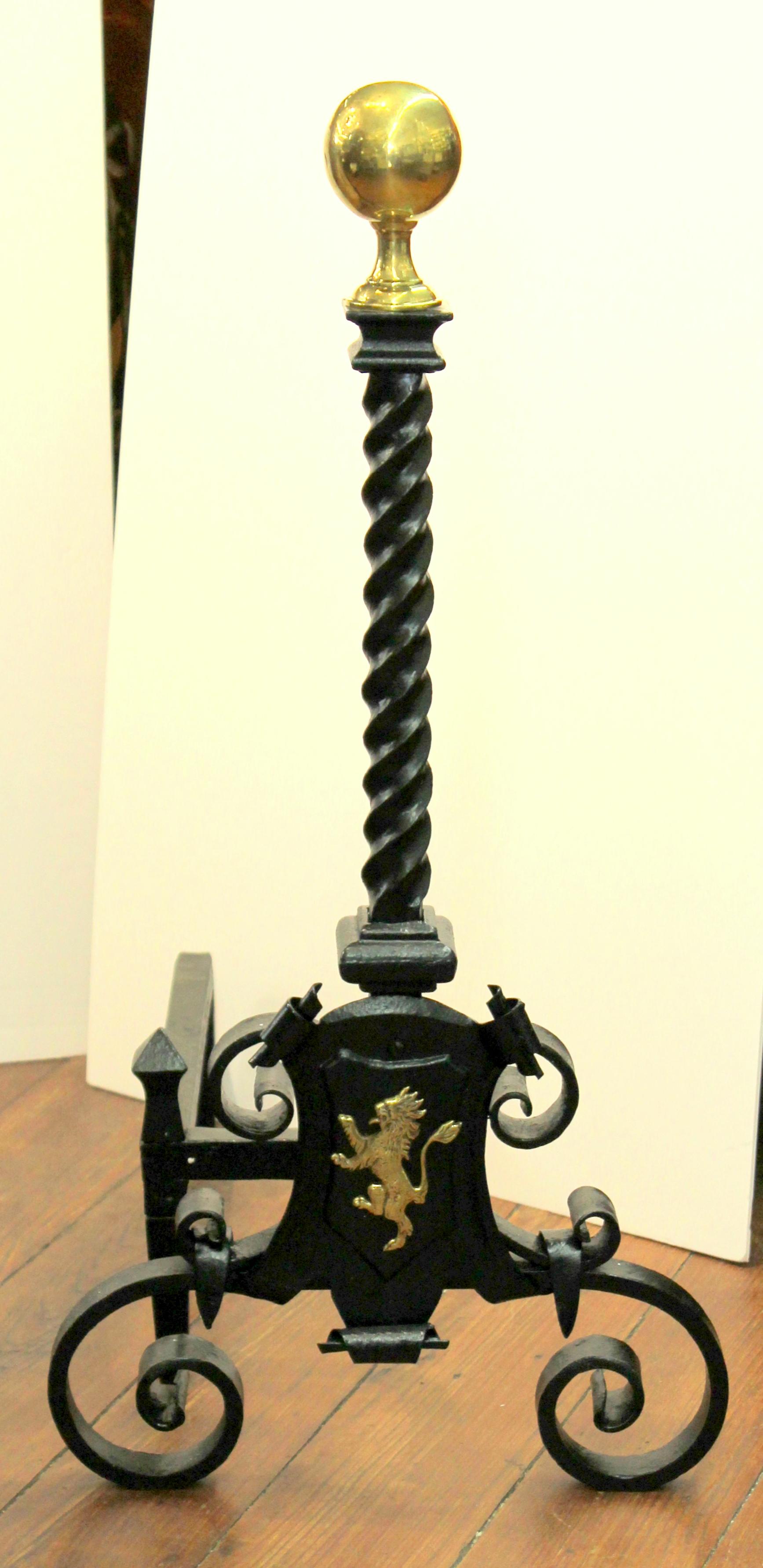 Pair of Antique English Hand Wrought Iron and Cast Brass Monumental Andirons In Good Condition In Charleston, SC