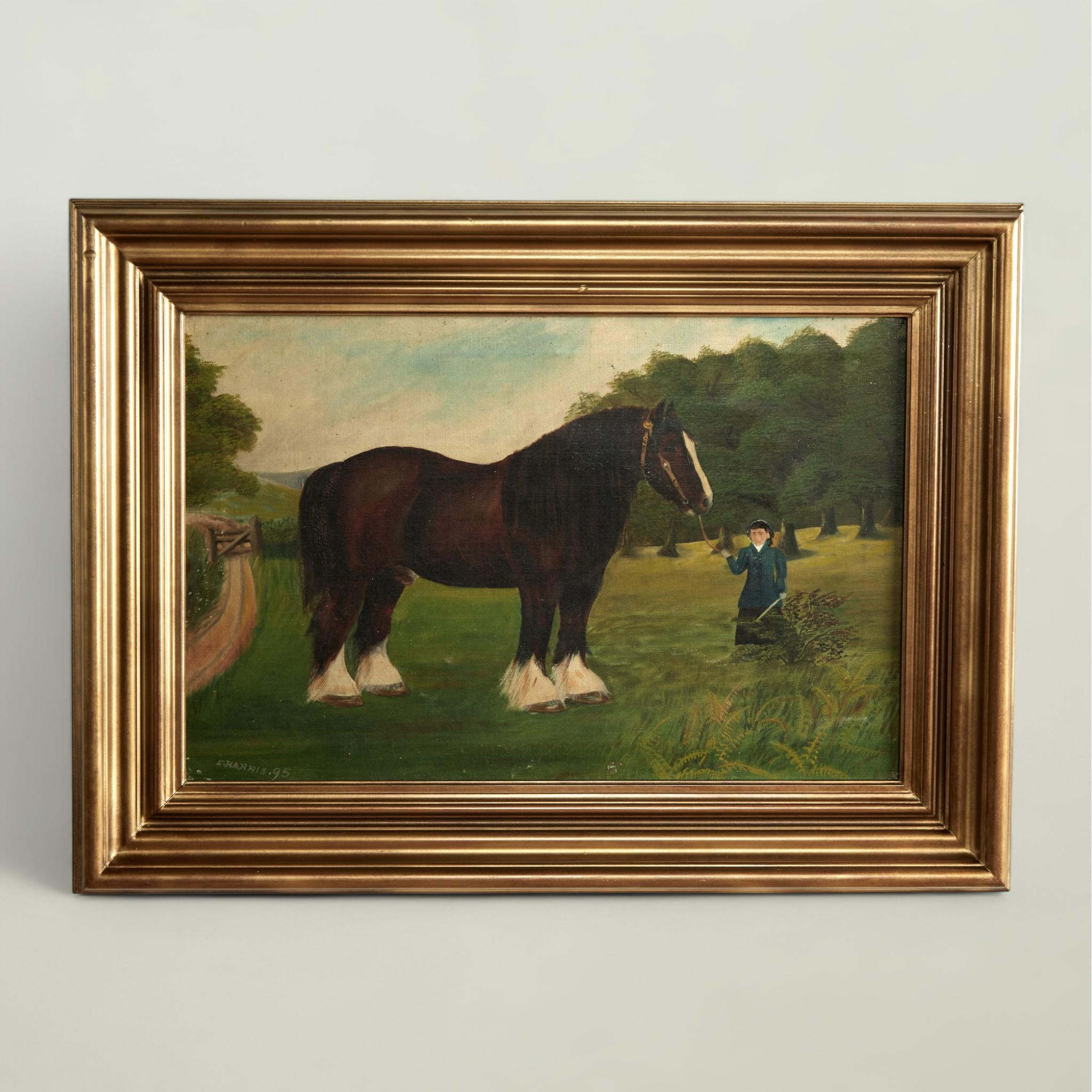 Ein Paar englische Ölgemälde auf Leinwand aus dem 19. Jahrhundert mit Clydesdale-Pferden in einer ländlichen Umgebung mit Figuren. Signiert E. Harris 95 und in vergoldeten Holzrahmen präsentiert. 