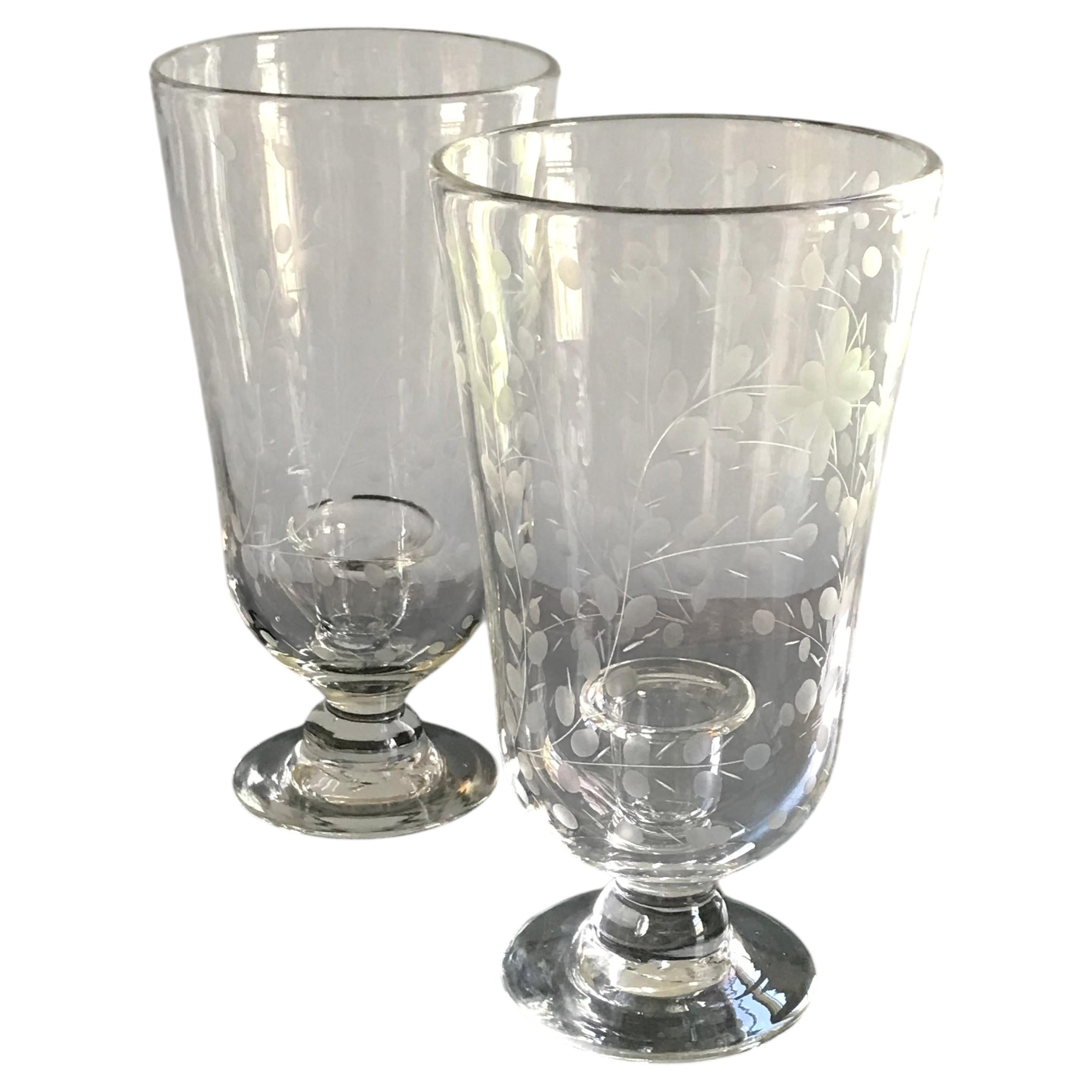 Pair of Antique English Hurricane etched Glass Candle holders or Photophores