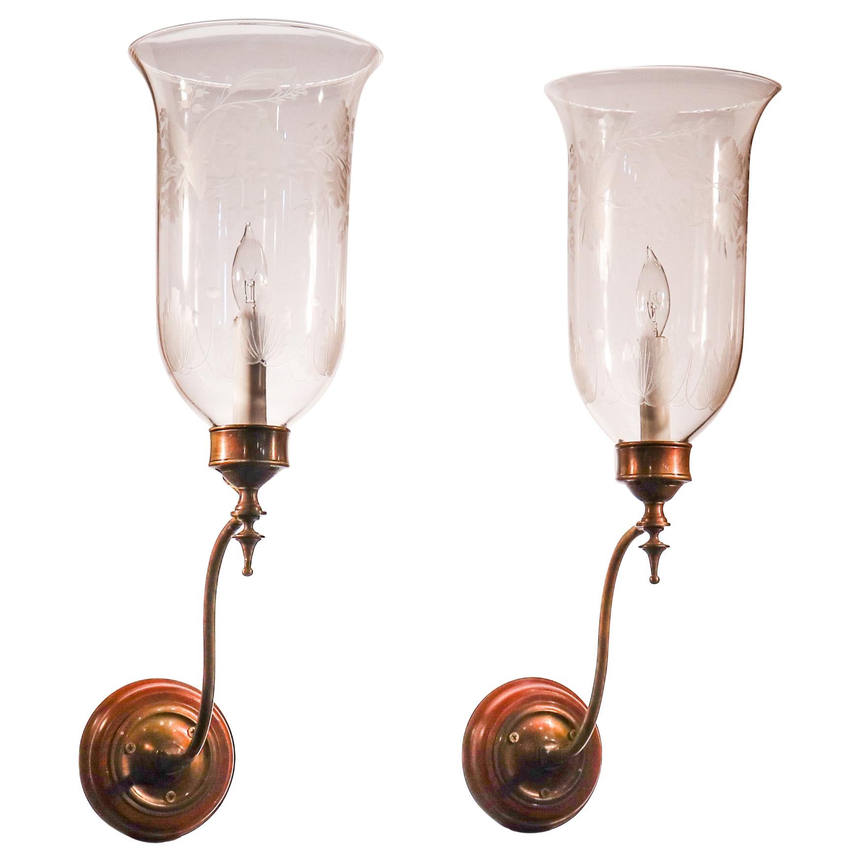 Pair of Antique English Hurricane Shade Wall Sconces