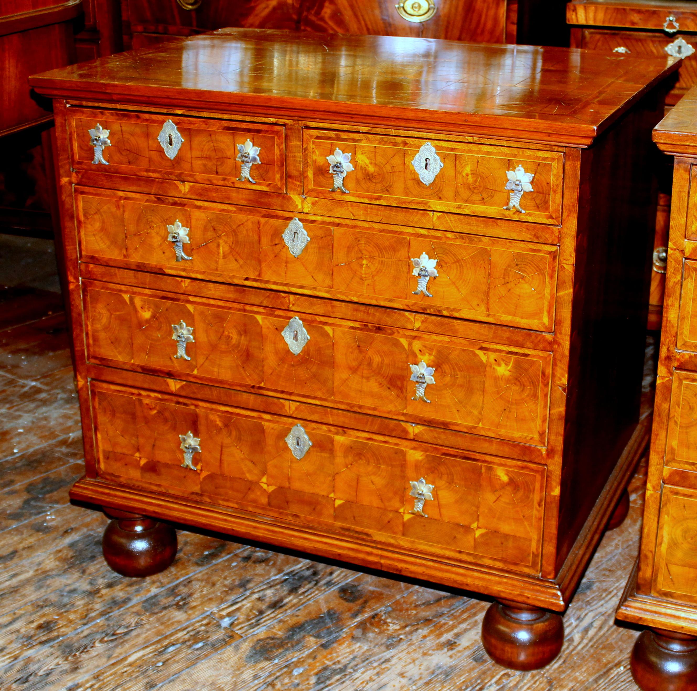 19th Century Pair of Antique English Q.A. Inlaid Laburnum Oyster Veneer Bachelor's Chests