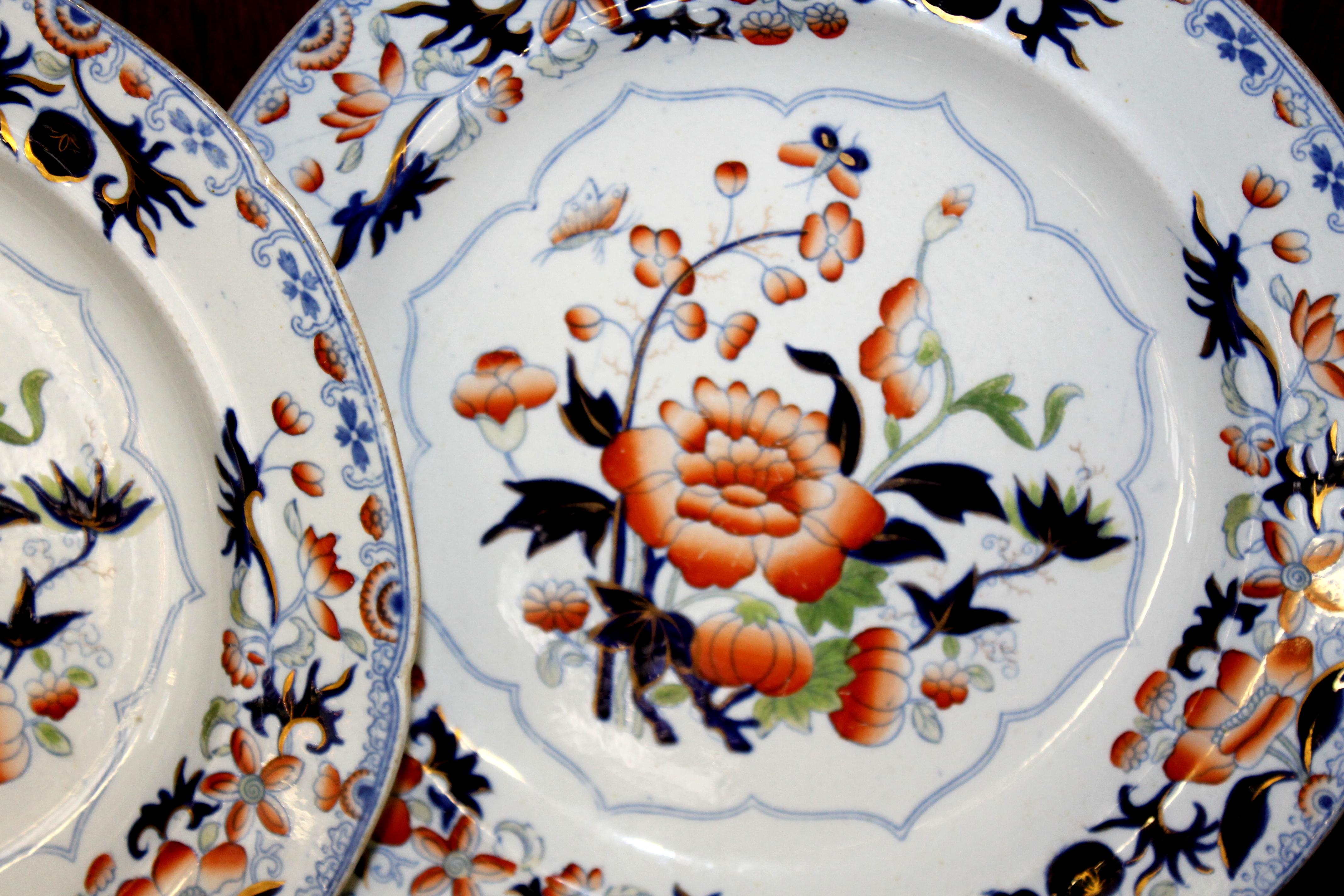 Pair of antique ironstone Imari cabinet plates
Maker's marks for Hicks, Meigh and Johnson
Shelton, Hanley
Staffordshire
Please note handsome, early design. Period plates. Mint condition.
 
