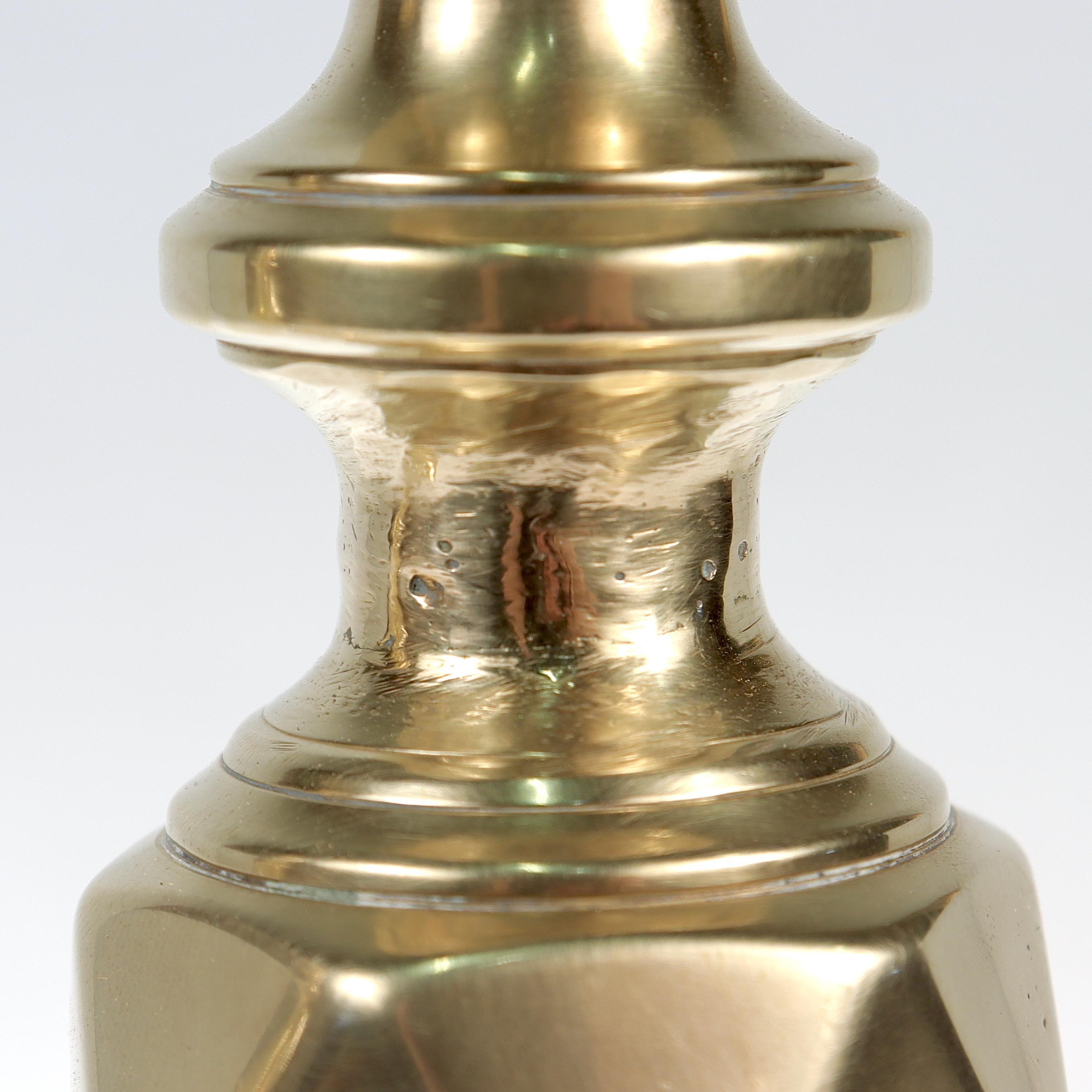 Pair of Antique English King of Diamonds Brass Candlesticks 8