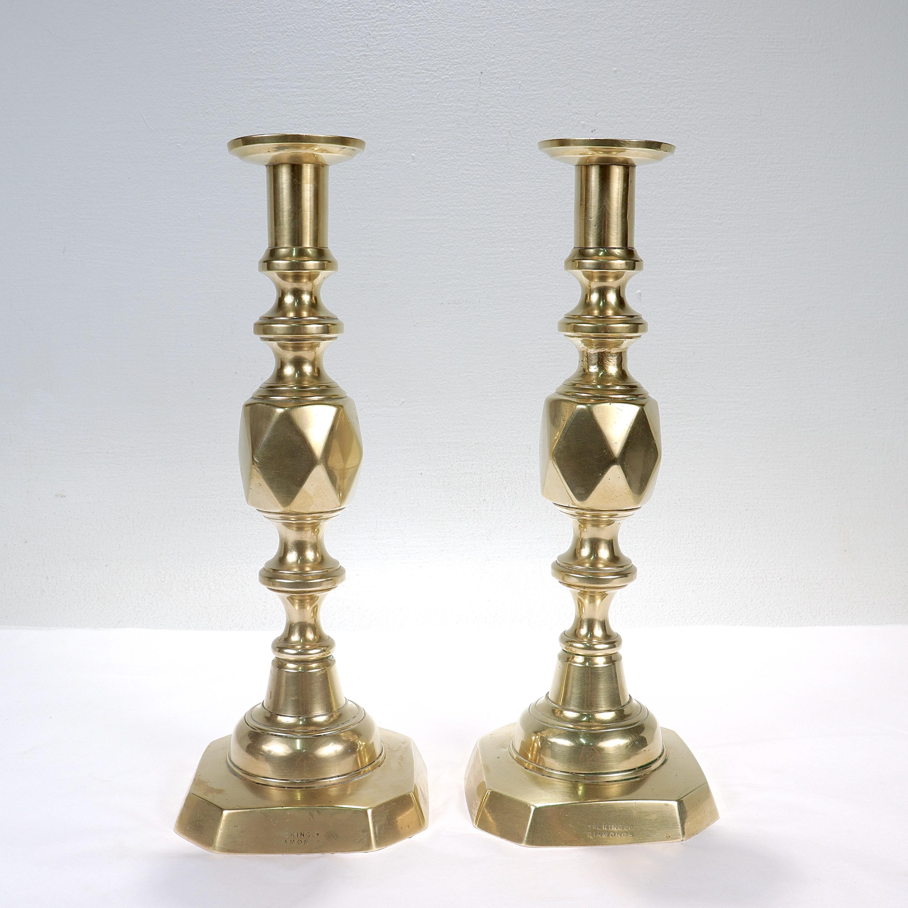 Victorian Pair of Antique English King of Diamonds Brass Candlesticks For Sale