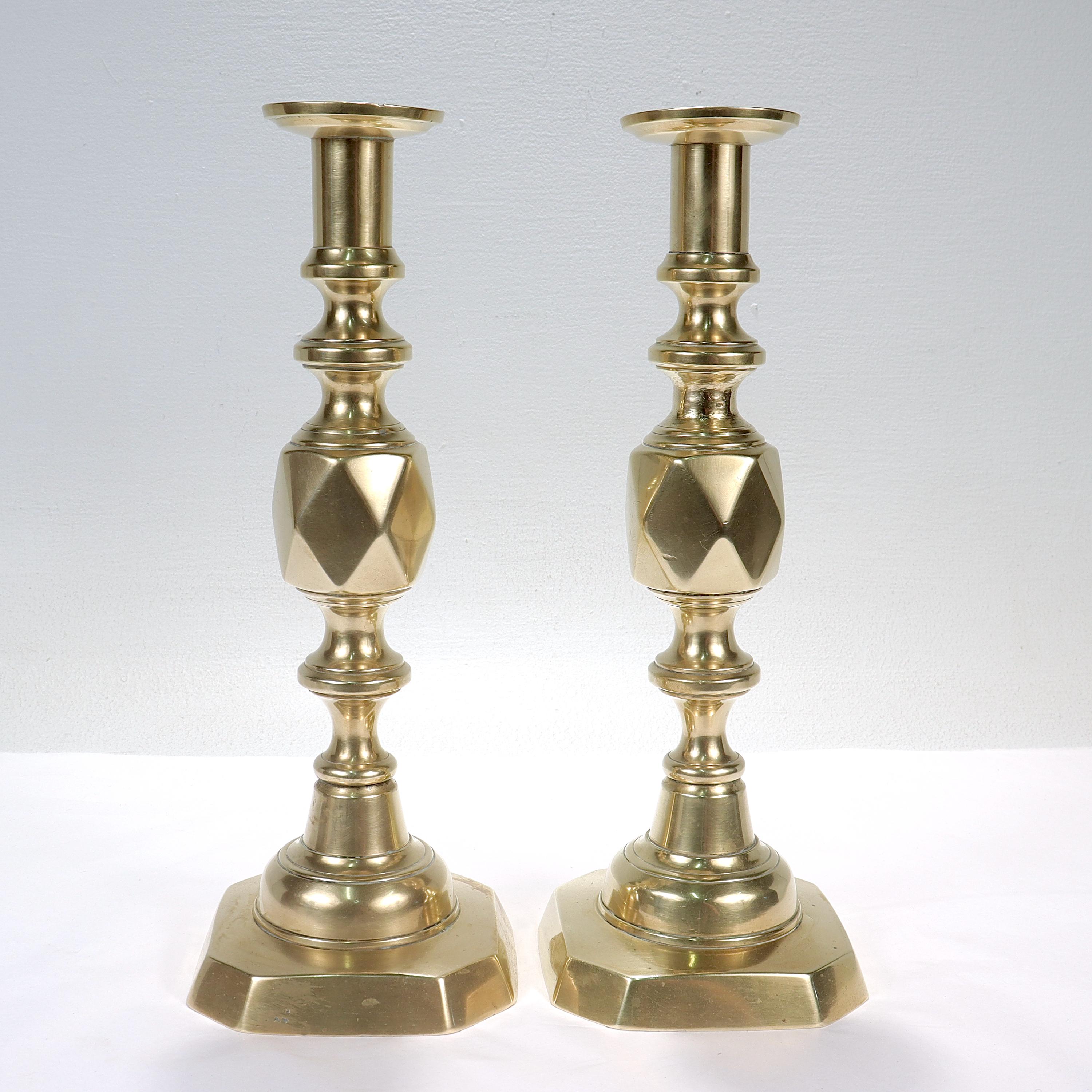 20th Century Pair of Antique English King of Diamonds Brass Candlesticks For Sale