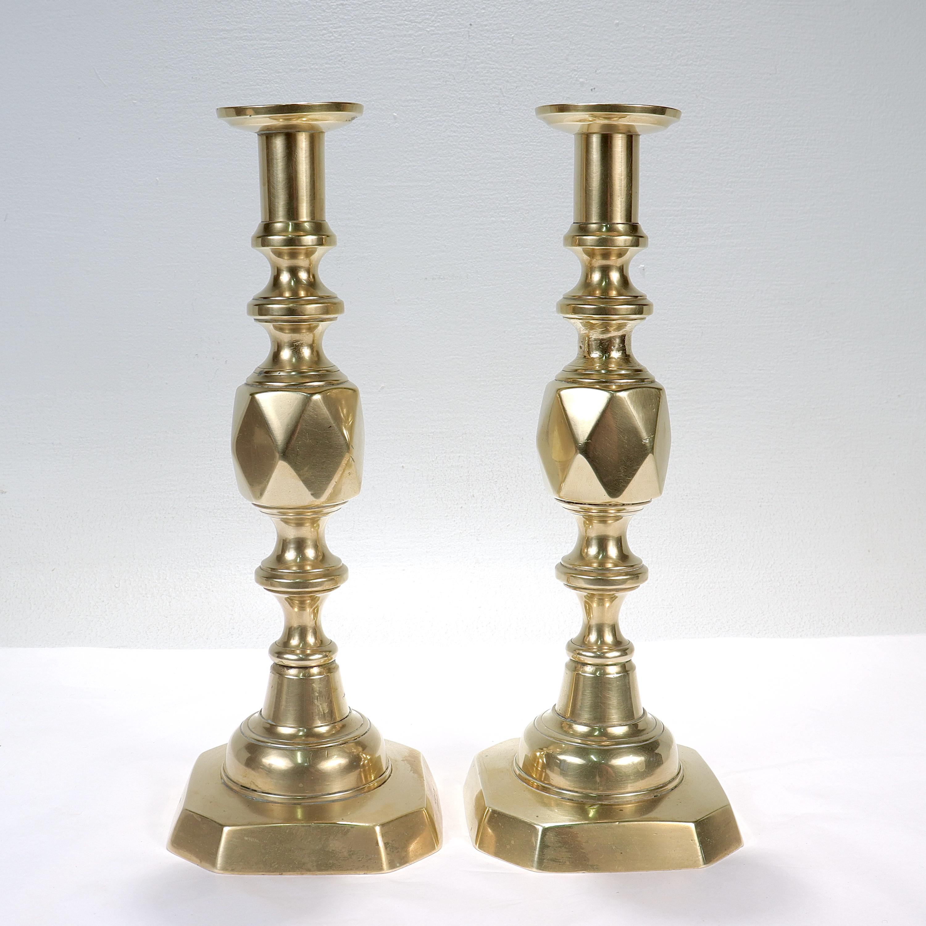 Pair of Antique English King of Diamonds Brass Candlesticks For Sale 1