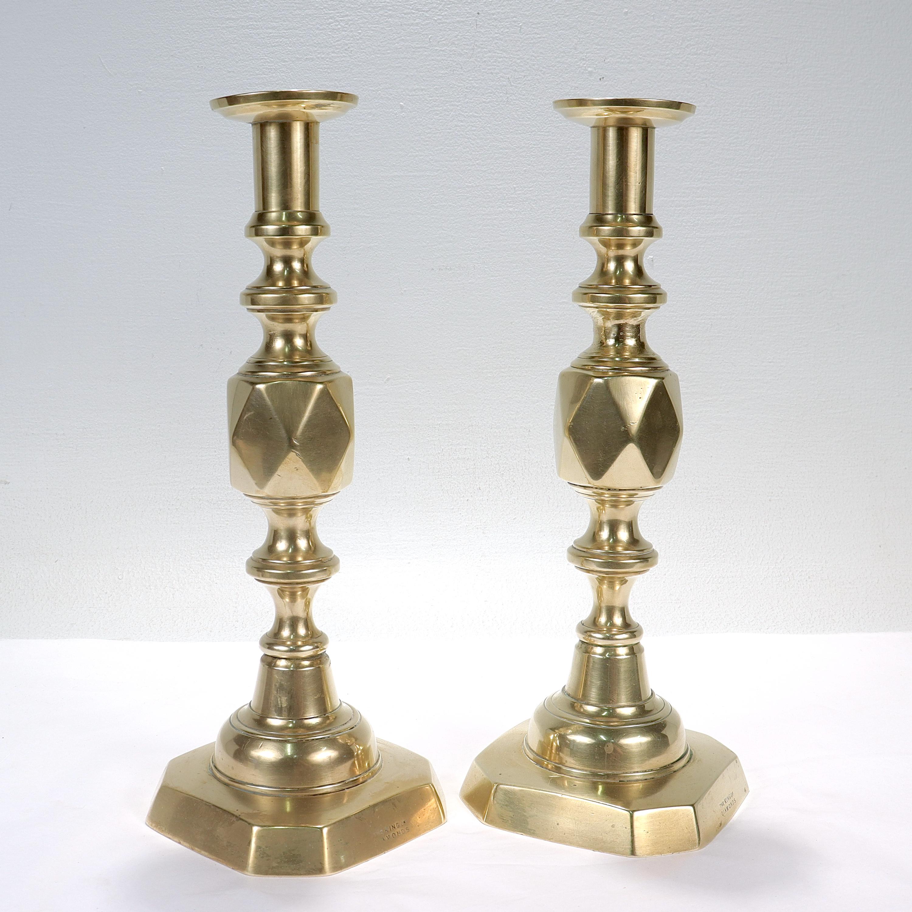 Pair of Antique English King of Diamonds Brass Candlesticks For Sale 2