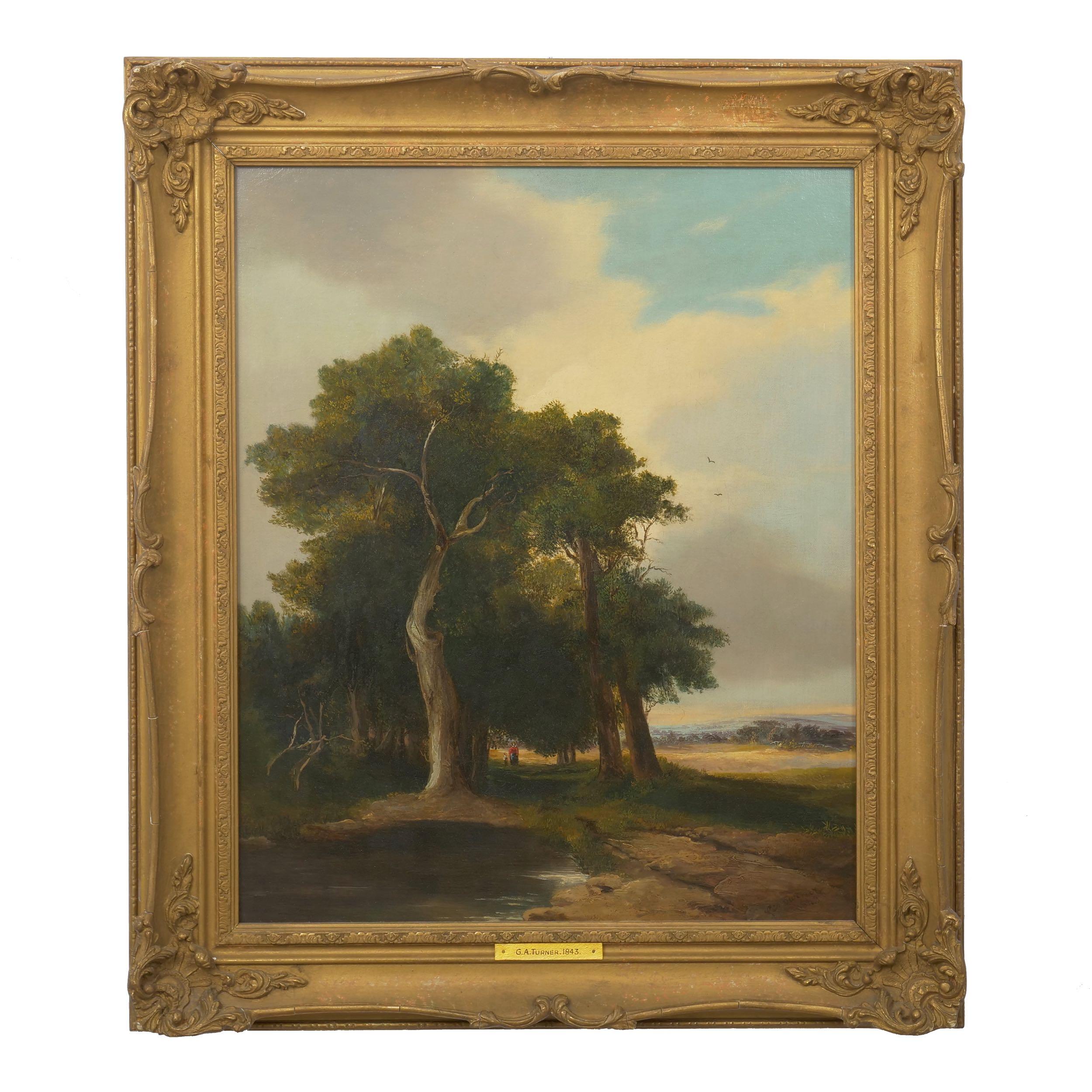 Canvas Pair of Antique English Landscape Paintings circa 1843 by G.A. Turner