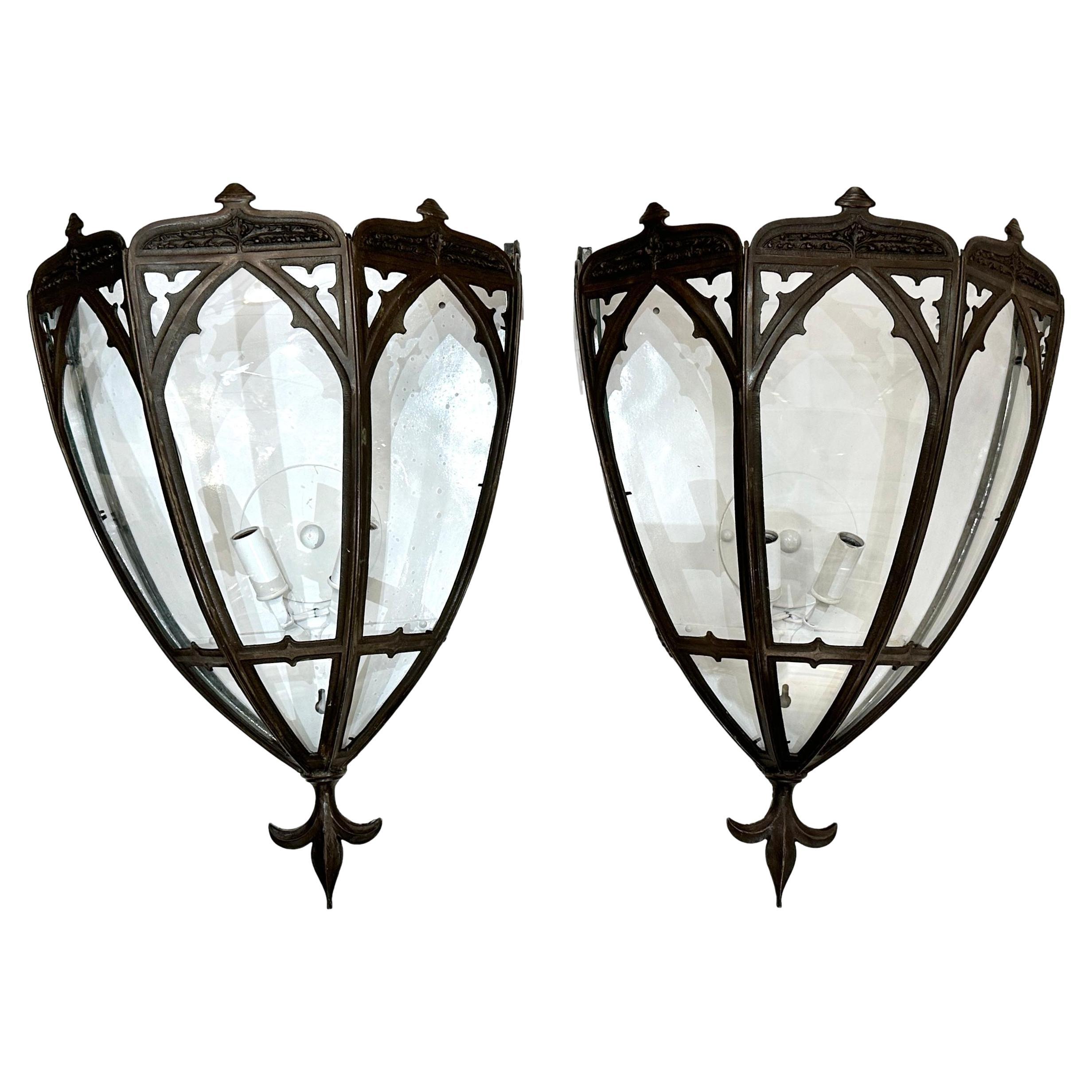 Pair of Antique English Lantern Sconces For Sale