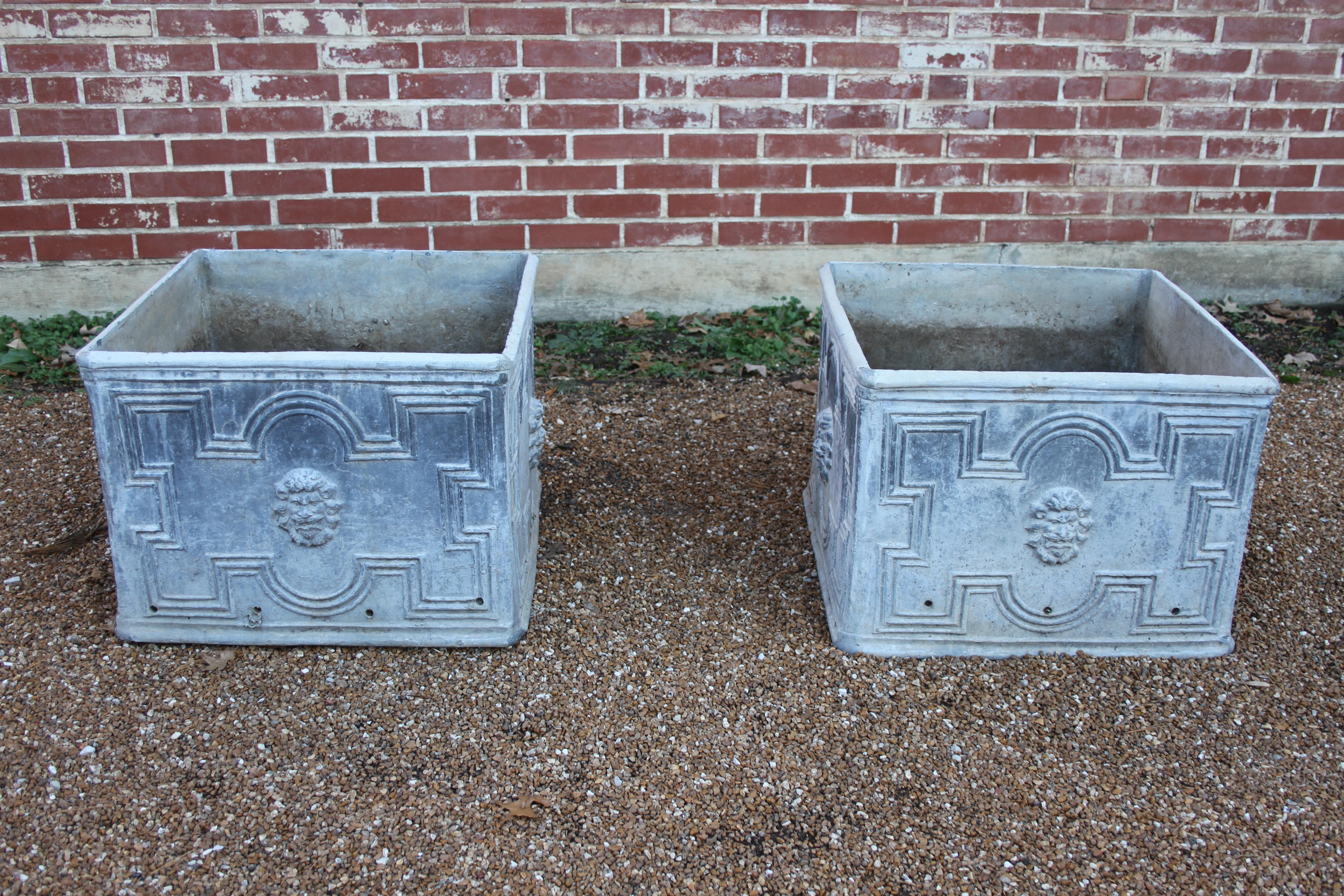 Pair of Square Antique English Lead Jardinieres with Lion Heads Planter Boxes  2